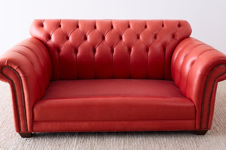 Coral Red Leather Tufted Chesterfield Sofa Settee at 1stDibs coral