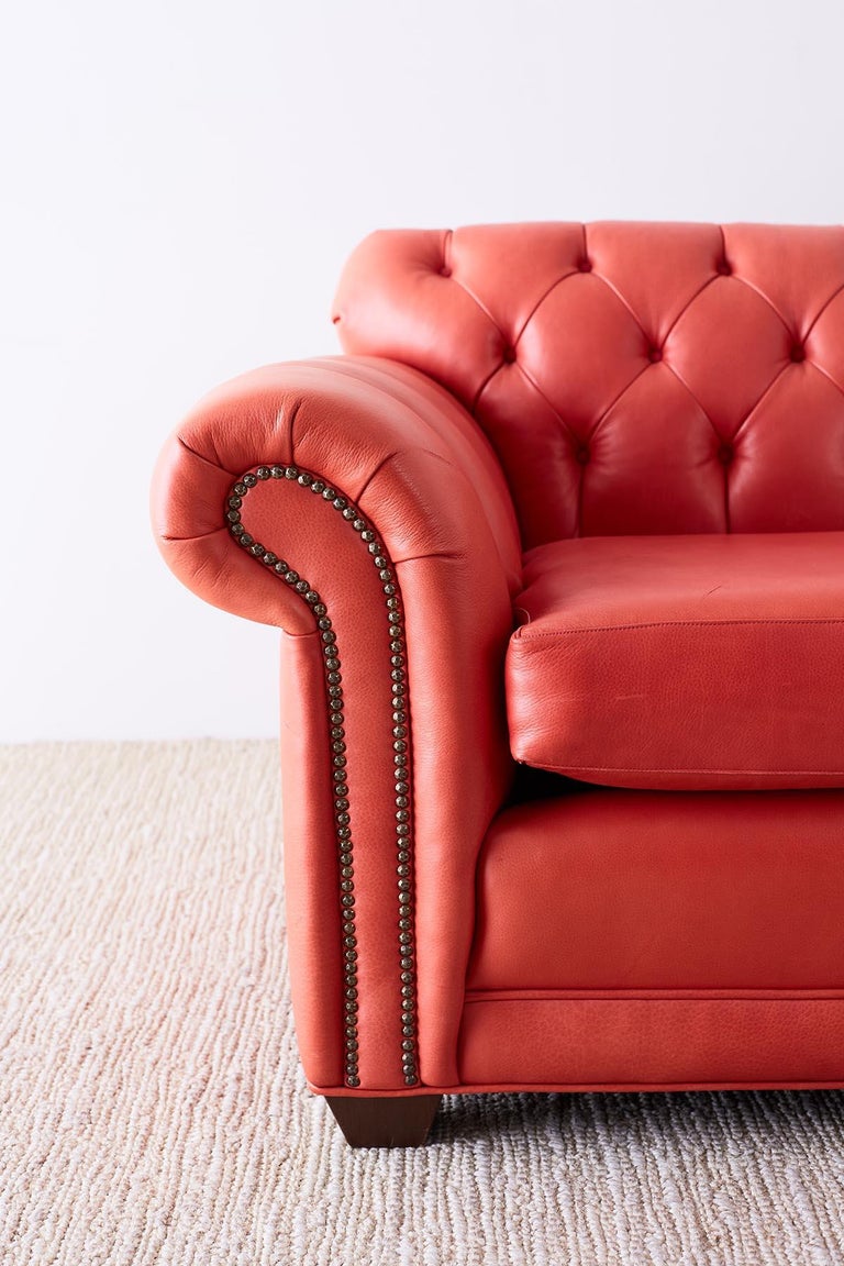 Coral Red Leather Tufted Chesterfield Sofa Settee at 1stDibs coral