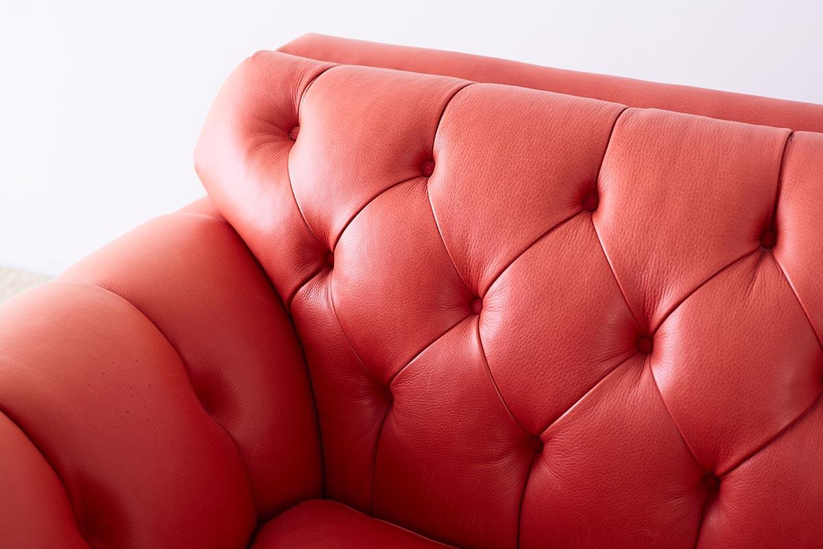 Mid-Century Modern Coral Red Leather Tufted Chesterfield Sofa Settee