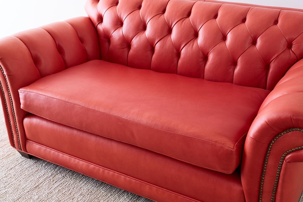 American Coral Red Leather Tufted Chesterfield Sofa Settee