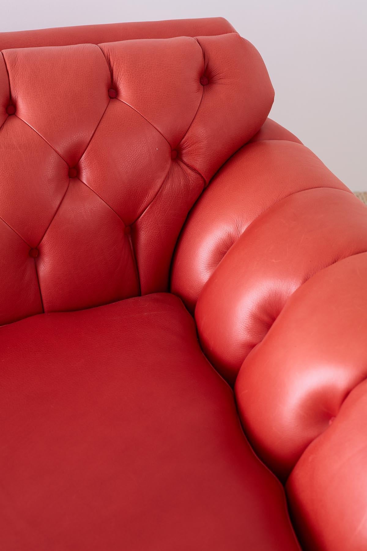 Hand-Crafted Coral Red Leather Tufted Chesterfield Sofa Settee