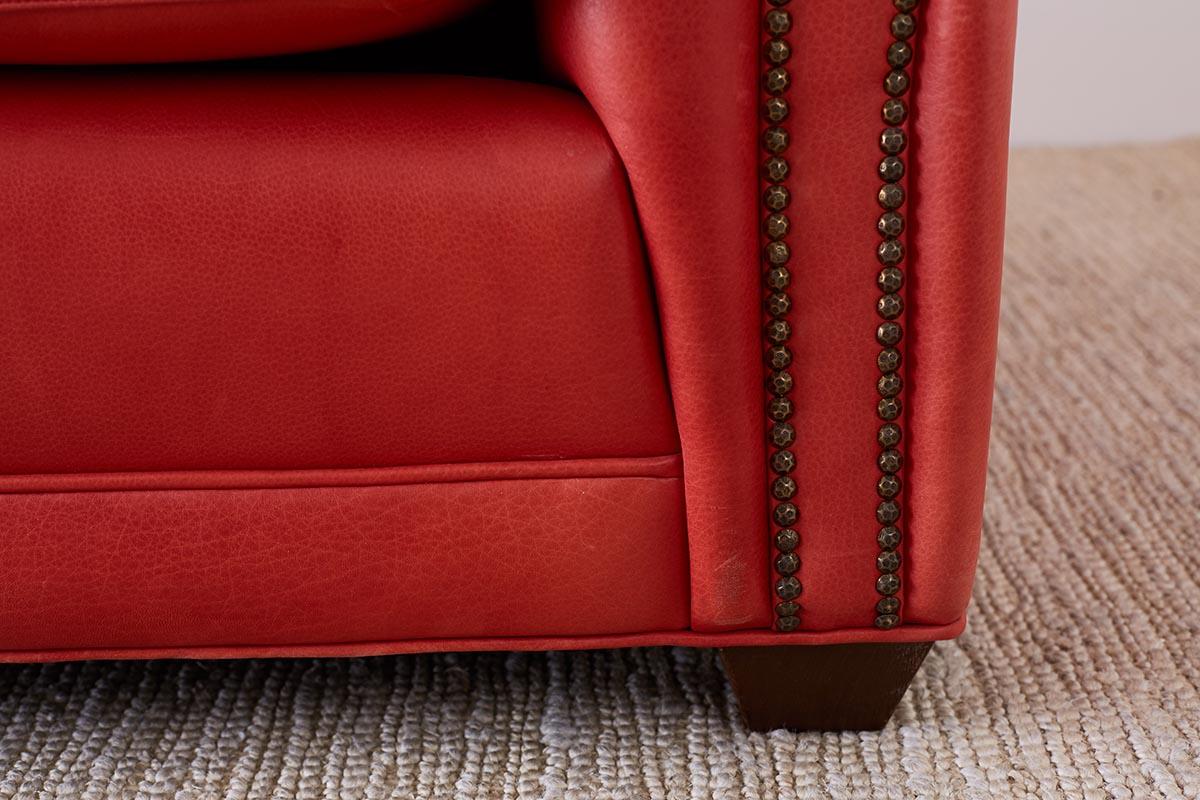 Coral Red Leather Tufted Chesterfield Sofa Settee In Good Condition In Rio Vista, CA