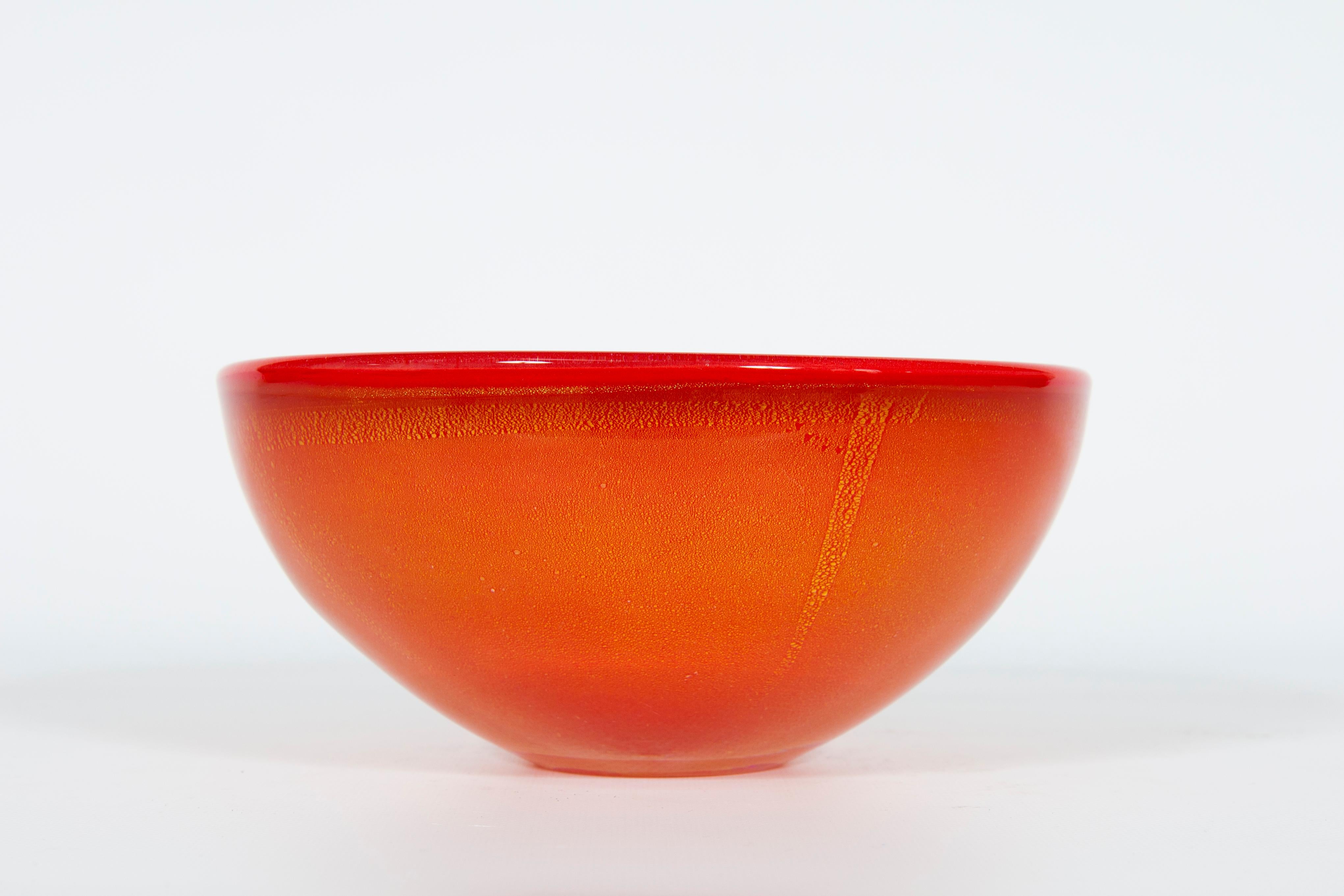 Italian Coral Red Murano Glass Bowl with 24-Karat Gold Attributed to Donà, 1990s For Sale