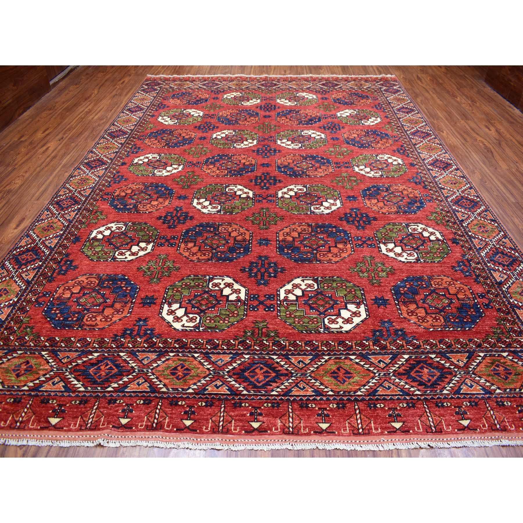 Medieval Coral Red Soft Wool Hand Knotted Afghan Ersari Oriental Rug 10'0