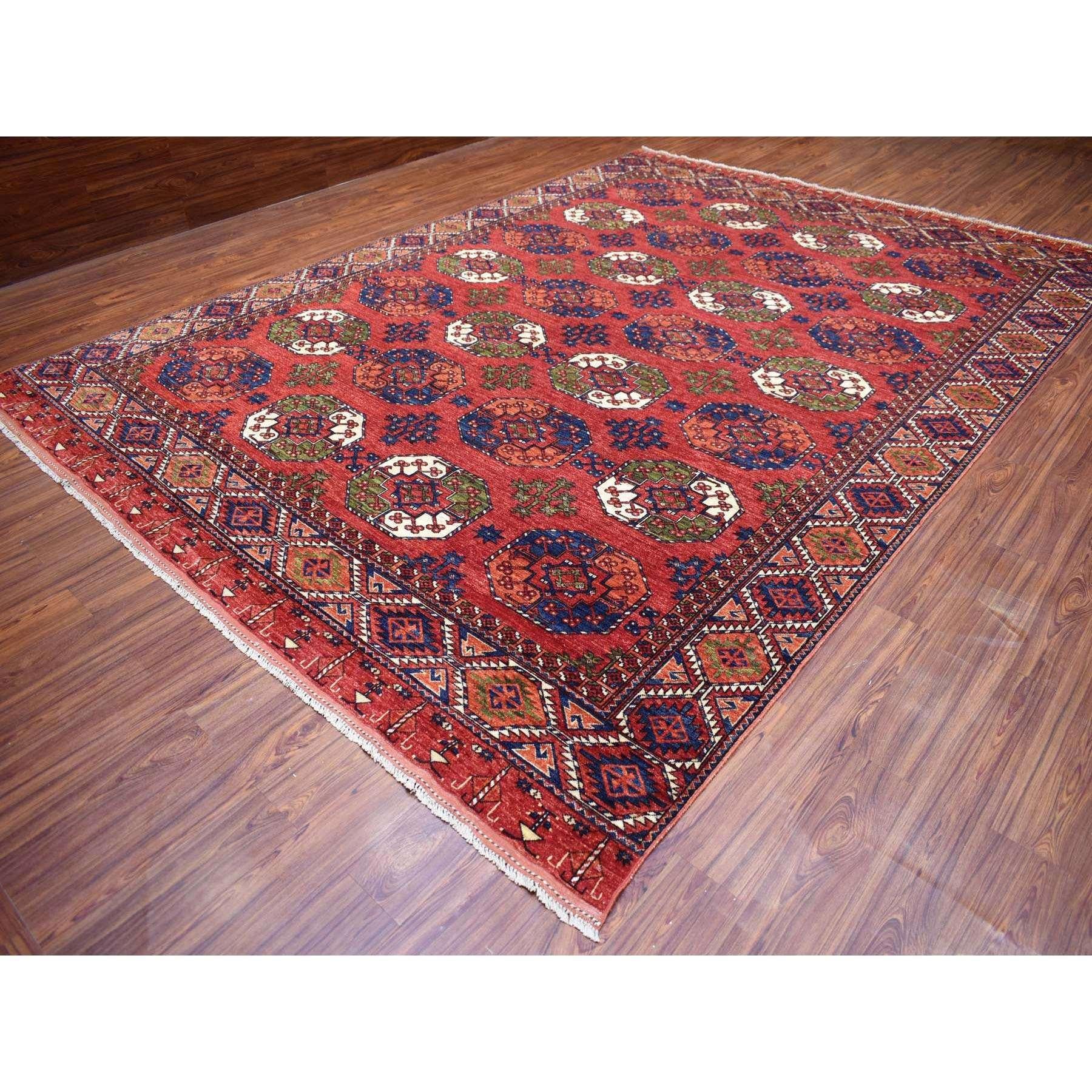 Hand-Knotted Coral Red Soft Wool Hand Knotted Afghan Ersari Oriental Rug 10'0