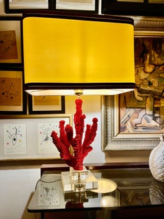 Coral red Table lamp with glass cut base with brass strcuture , french 1980s