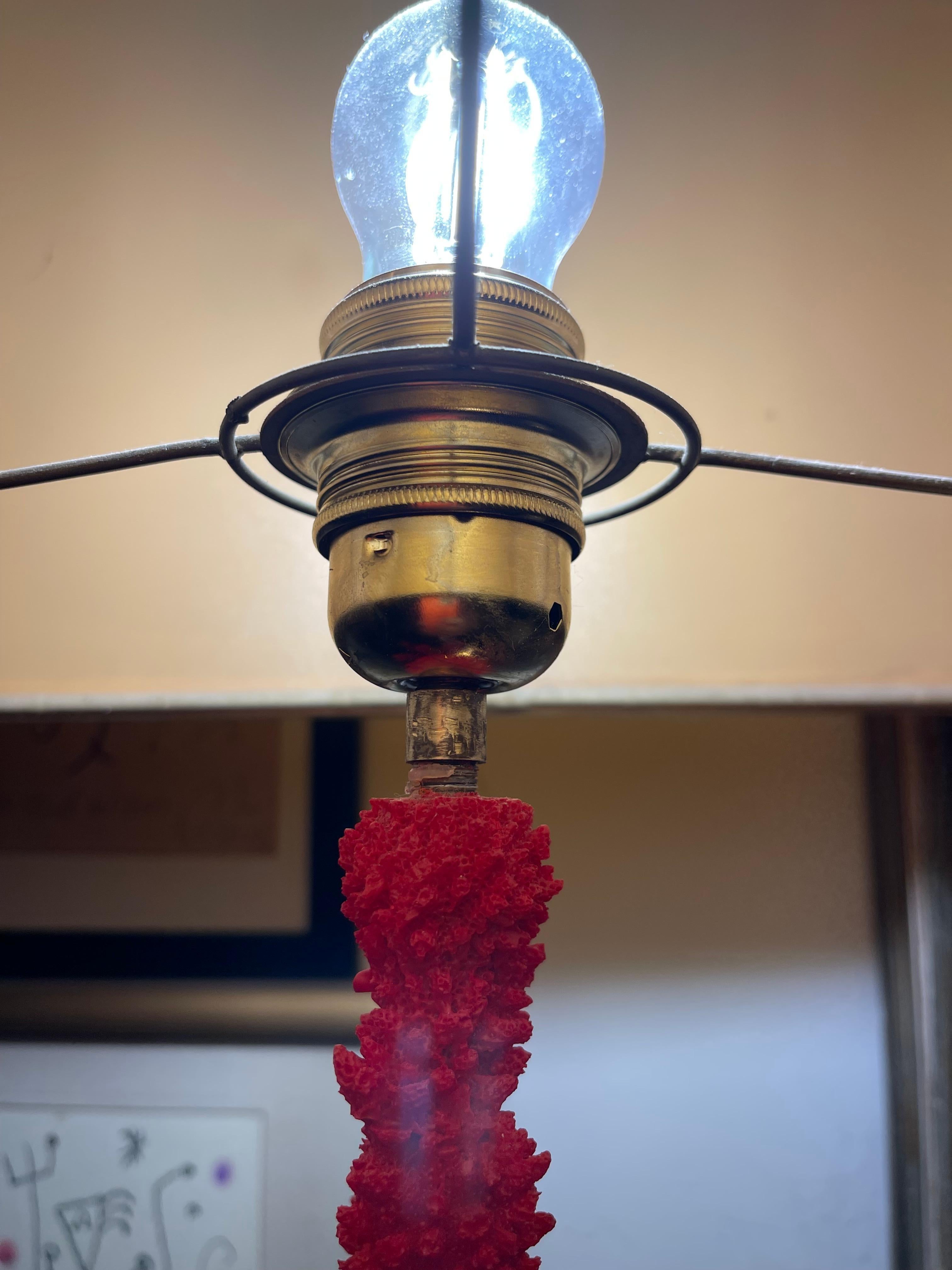 French Coral red Table lamp with glass cut base with brass strcuture , french 1980s