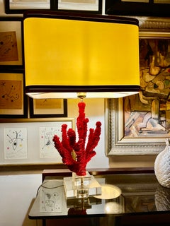 Coral red Table lamp with glass cut base with brass strcuture , french 1980s