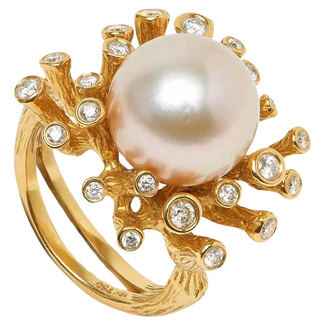 Coral Reef Gold South Sea Pearl & Diamond 18K Yellow Gold Ring For Sale
