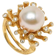 Coral Reef Gold South Sea Pearl & Diamond 18K Yellow Gold Ring