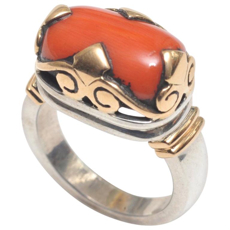 Coral Ring in 18 Karat Gold and Sterling Silver