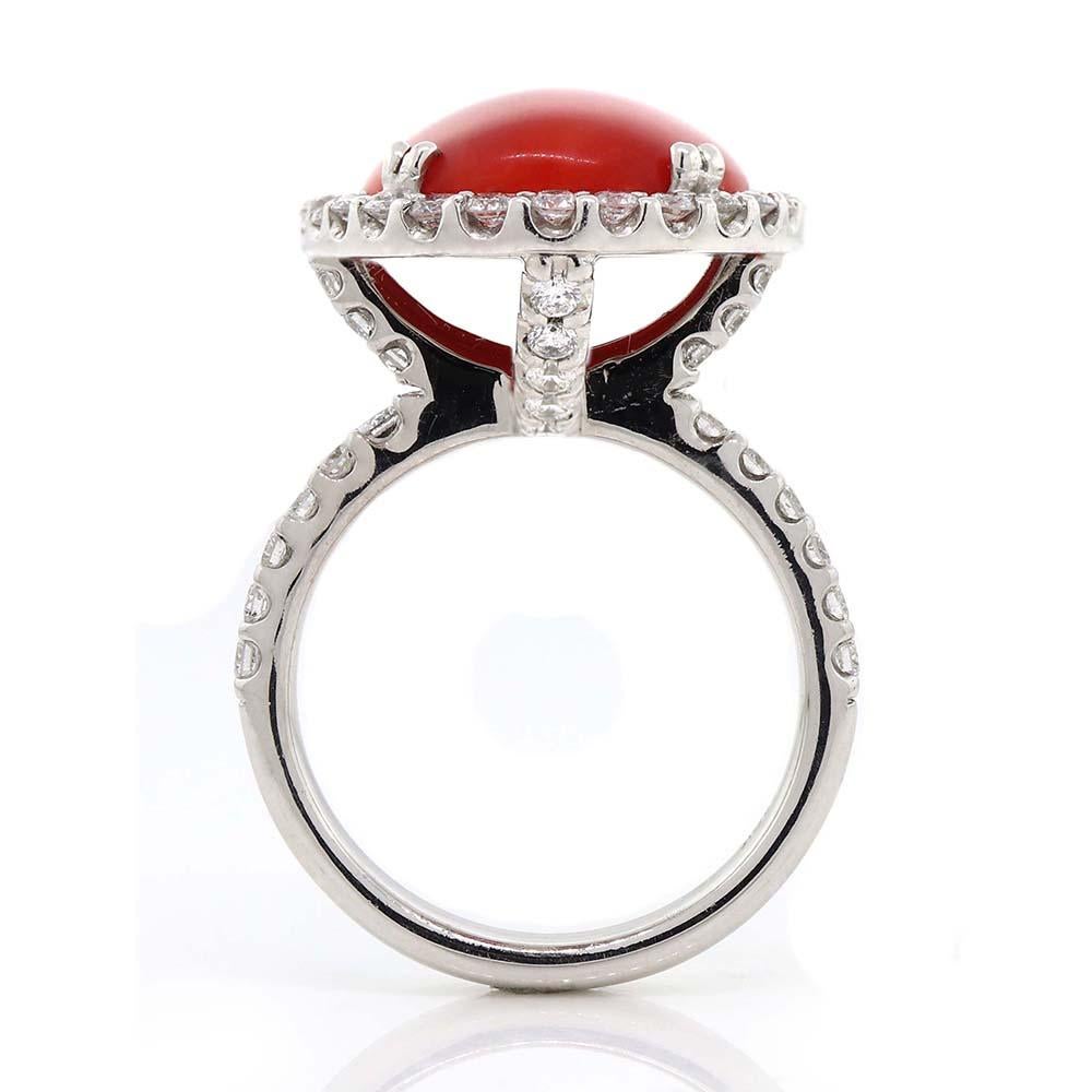 Oval Cut Coral Ring in 18k White Gold For Sale
