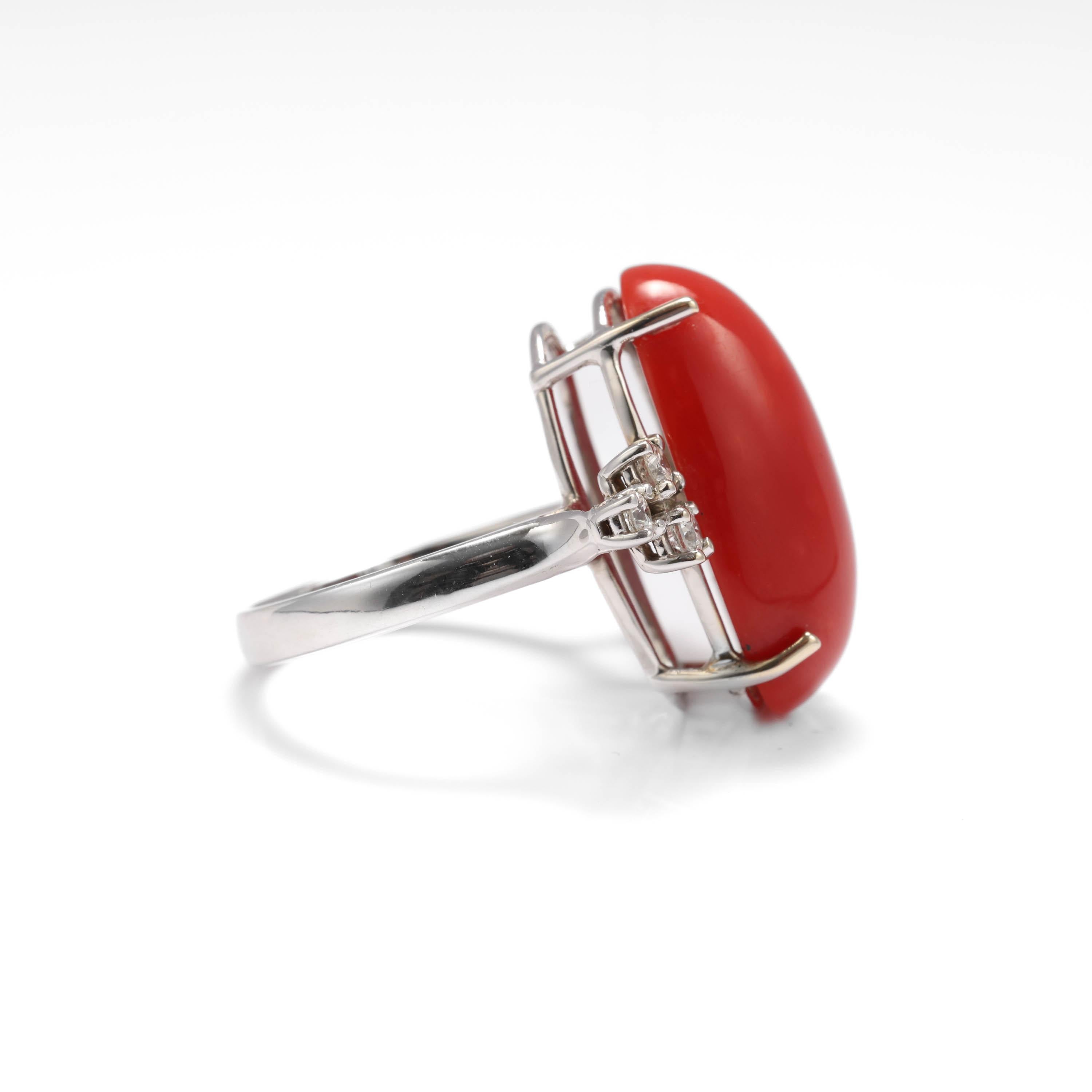 Cabochon Coral Ring with Diamonds, Midcentury For Sale