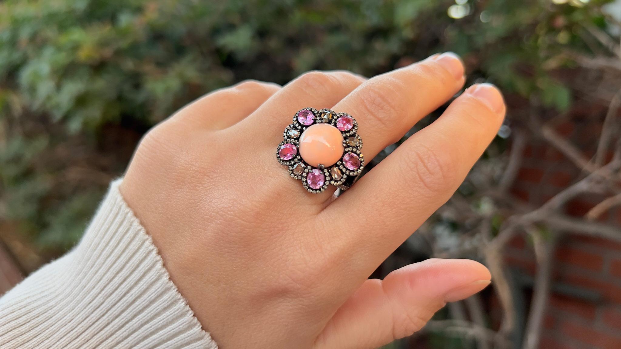 Art Deco Coral Ring With Pink Sapphires and Diamonds 3.28 Carats Silver For Sale