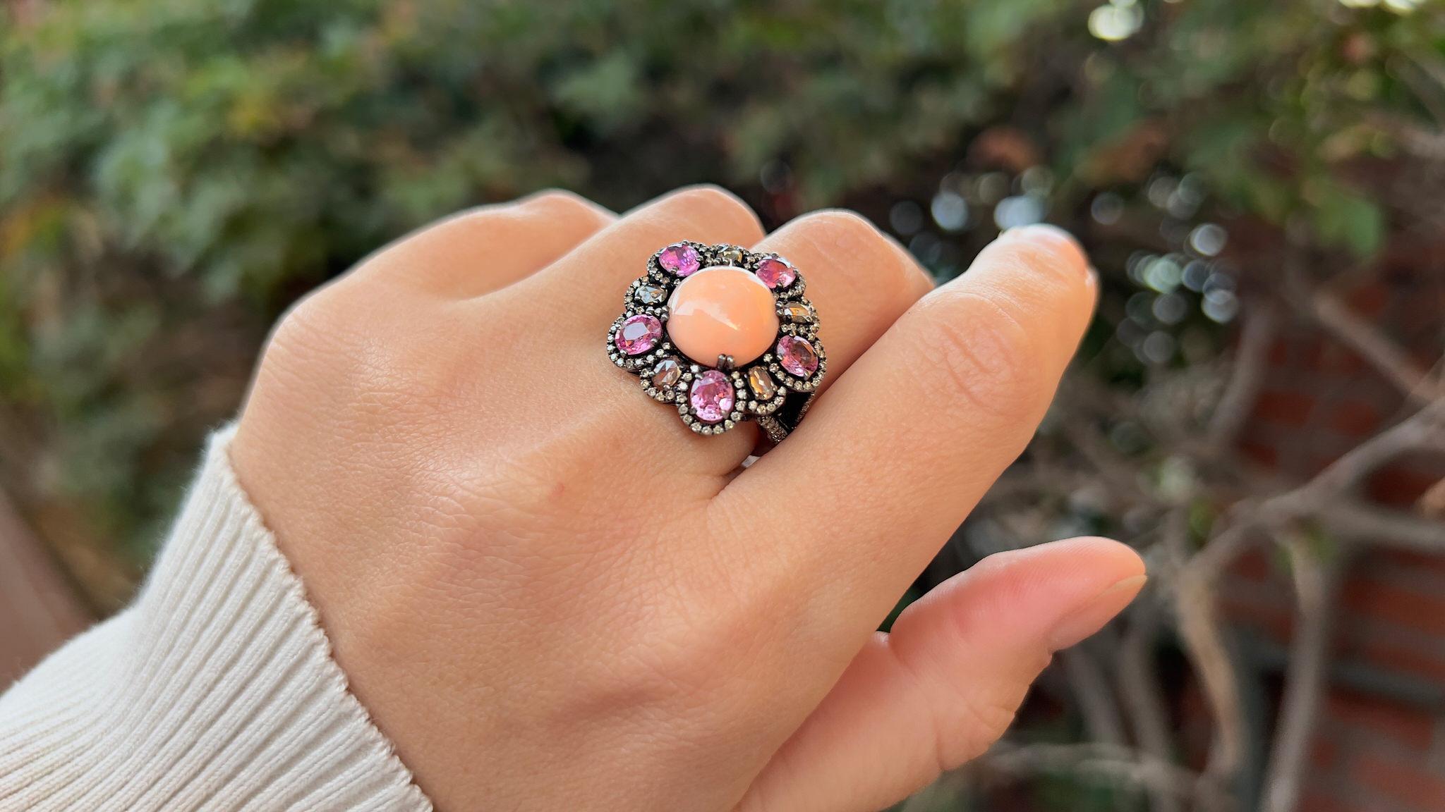 Cabochon Coral Ring With Pink Sapphires and Diamonds 3.28 Carats Silver For Sale