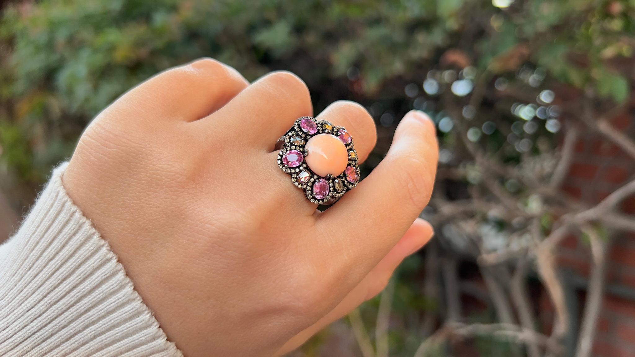 Coral Ring With Pink Sapphires and Diamonds 3.28 Carats Silver In Excellent Condition For Sale In Carlsbad, CA