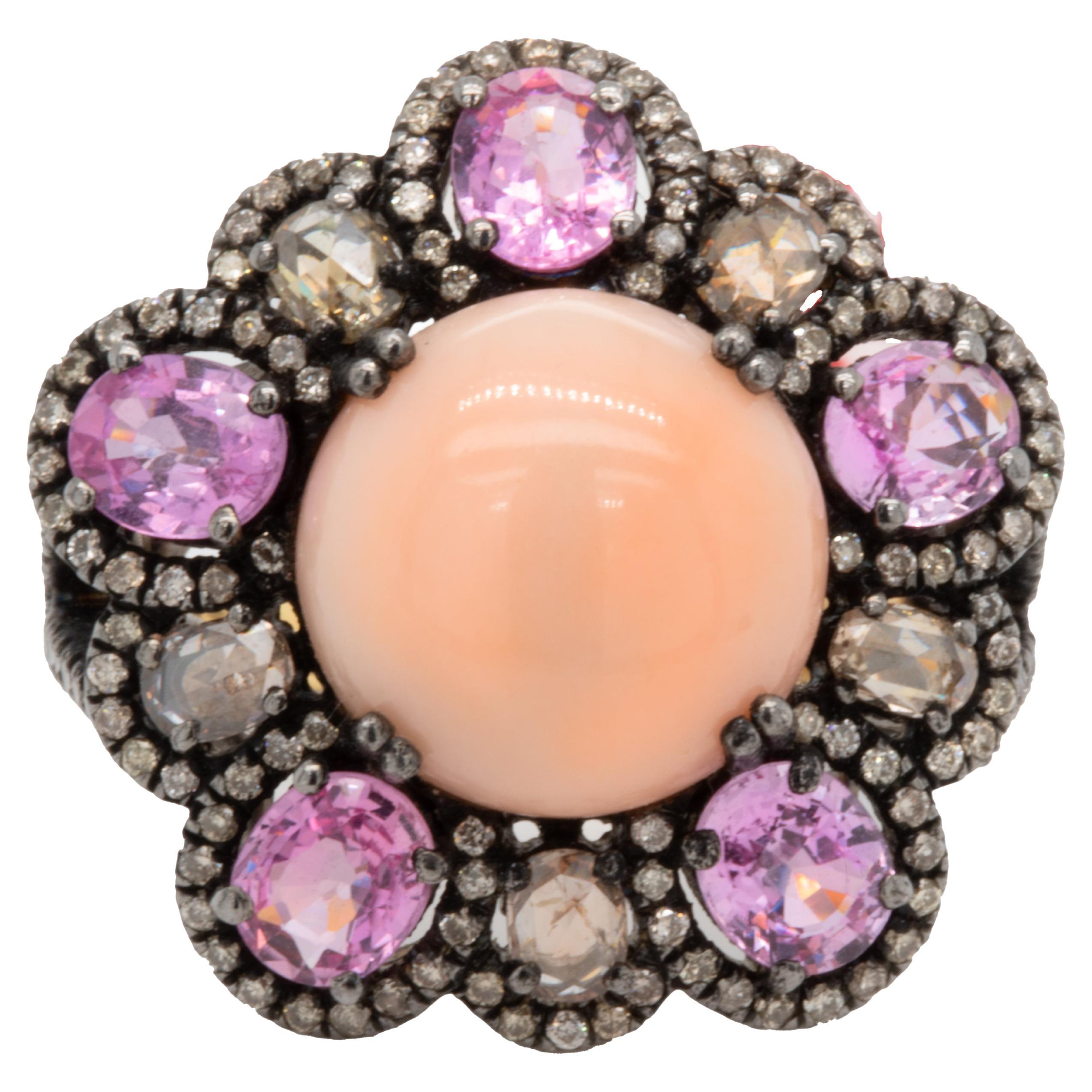 Coral Ring With Pink Sapphires and Diamonds 3.28 Carats Silver For Sale
