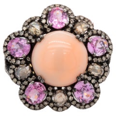 Retro Coral Ring With Pink Sapphires and Diamonds 3.28 Carats Silver