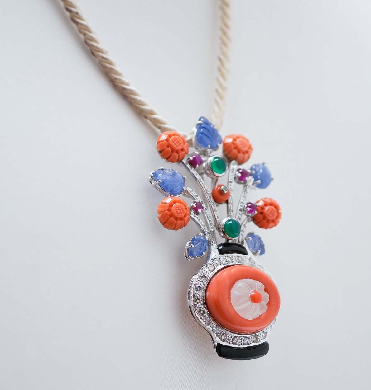 Retro Coral, Rock Crystal, Diamonds, Onyx, Rubies, Sapphires, Agate, Platinum Brooch.