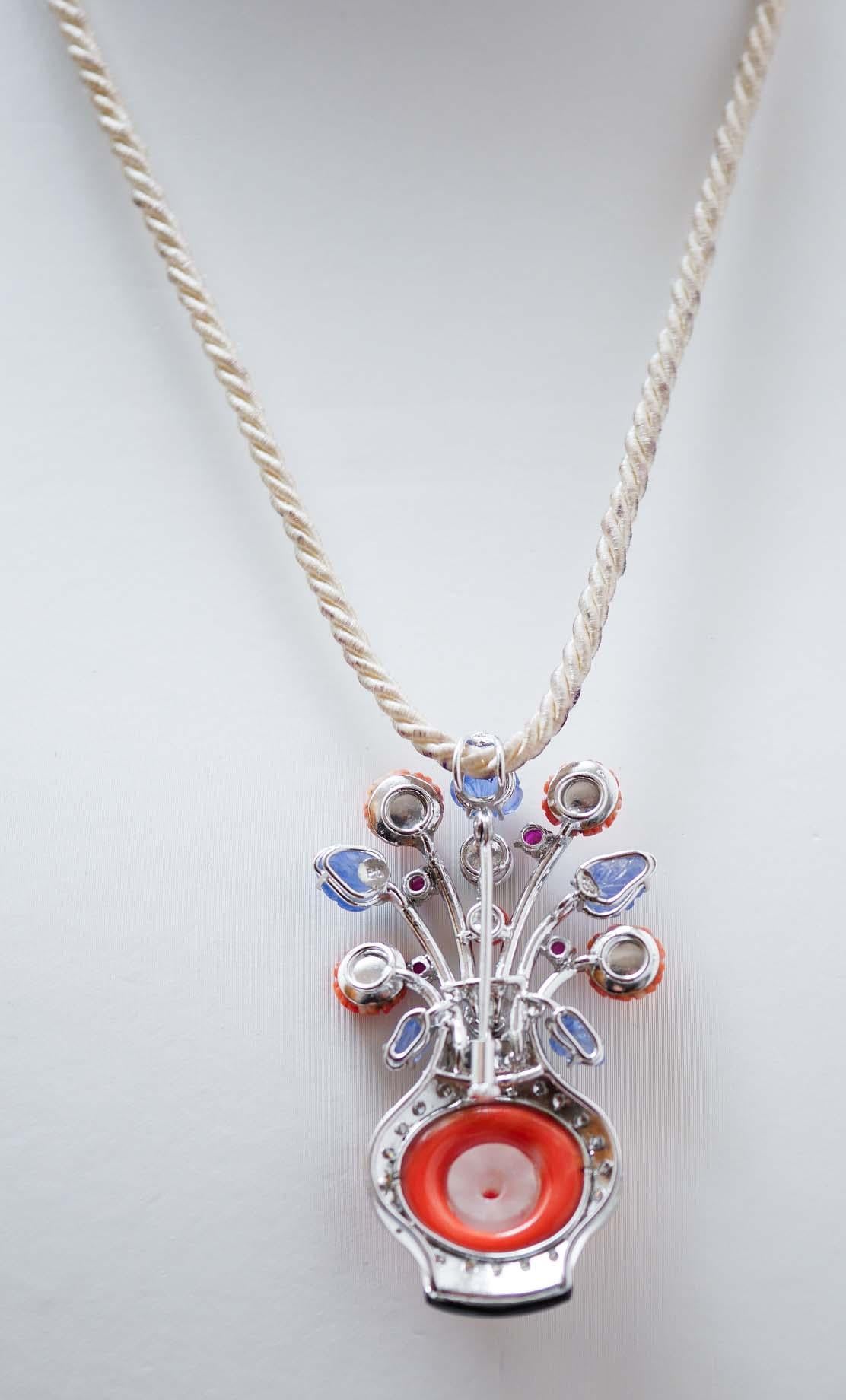 Mixed Cut Coral, Rock Crystal, Diamonds, Onyx, Rubies, Sapphires, Agate, Platinum Brooch.