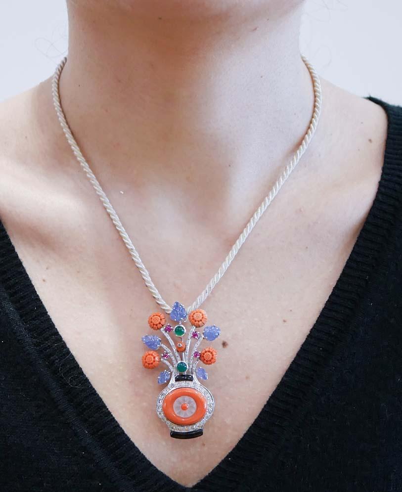Women's Coral, Rock Crystal, Diamonds, Onyx, Rubies, Sapphires, Agate, Platinum Brooch.