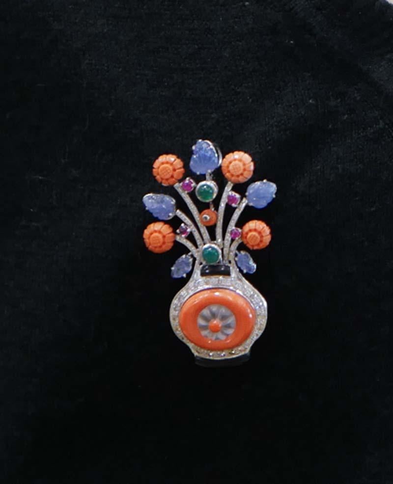 Coral, Rock Crystal, Diamonds, Onyx, Rubies, Sapphires, Agate, Platinum Brooch. 2