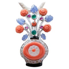 Coral, Rock Crystal, Diamonds, Onyx, Rubies, Sapphires, Agate, Platinum Brooch.