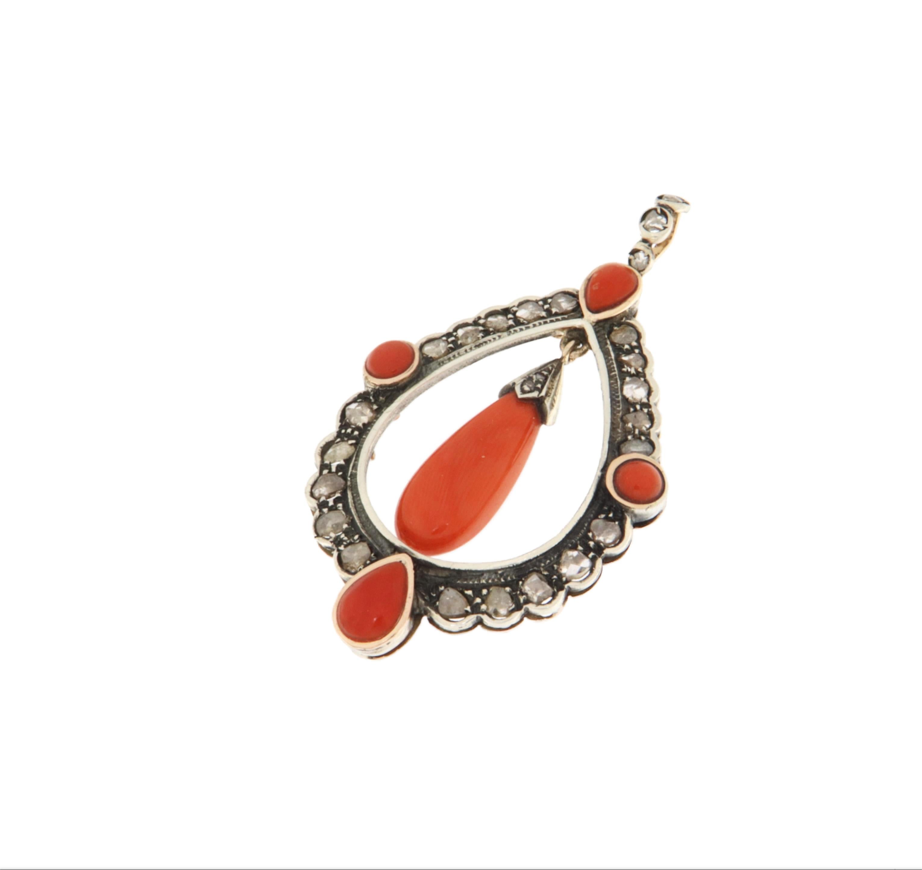 Artisan Coral Rose Cut Diamonds 14 Karat Yellow Gold Pendant Necklace For Sale