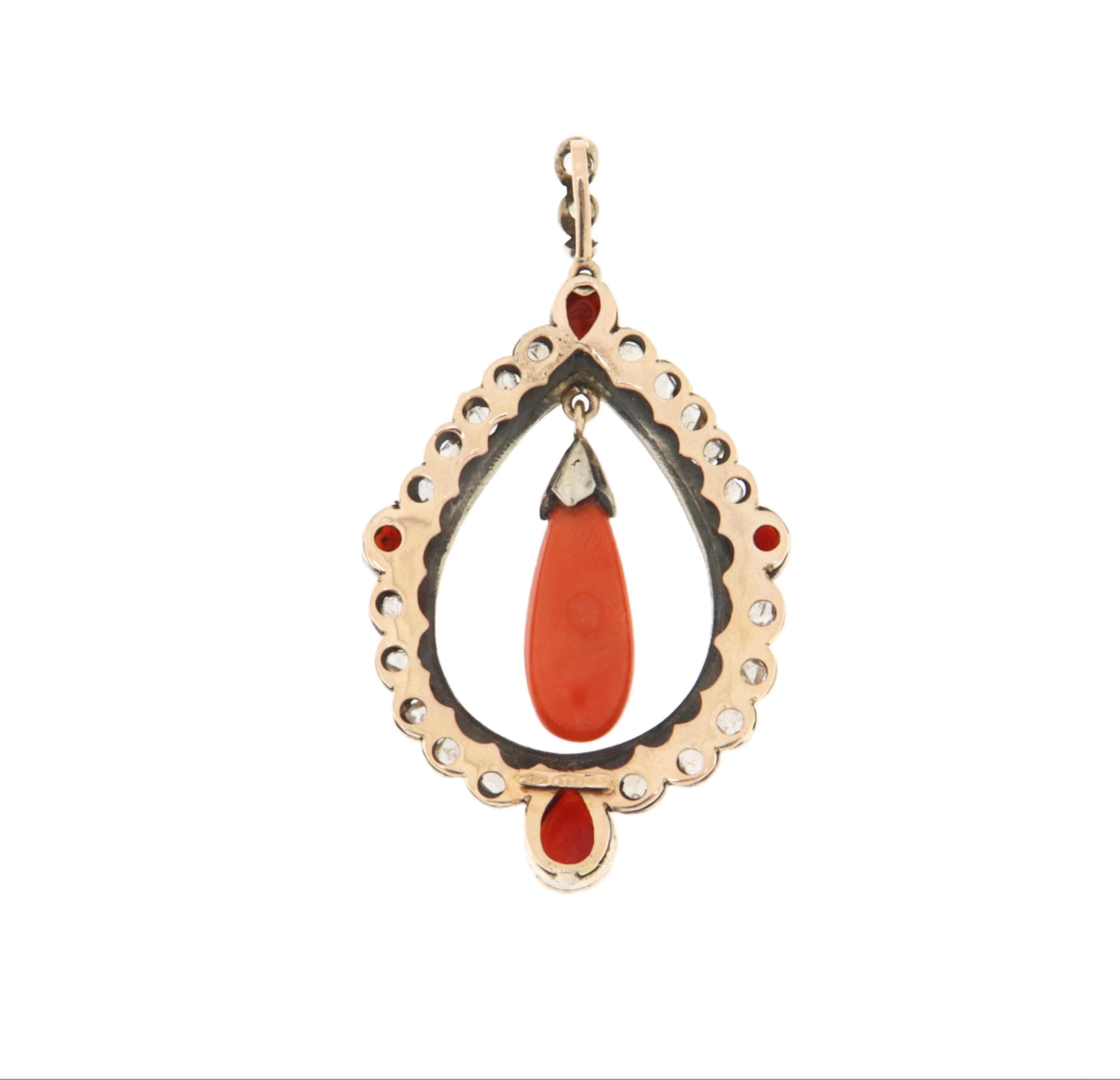 Coral Rose Cut Diamonds 14 Karat Yellow Gold Pendant Necklace In New Condition For Sale In Marcianise, IT