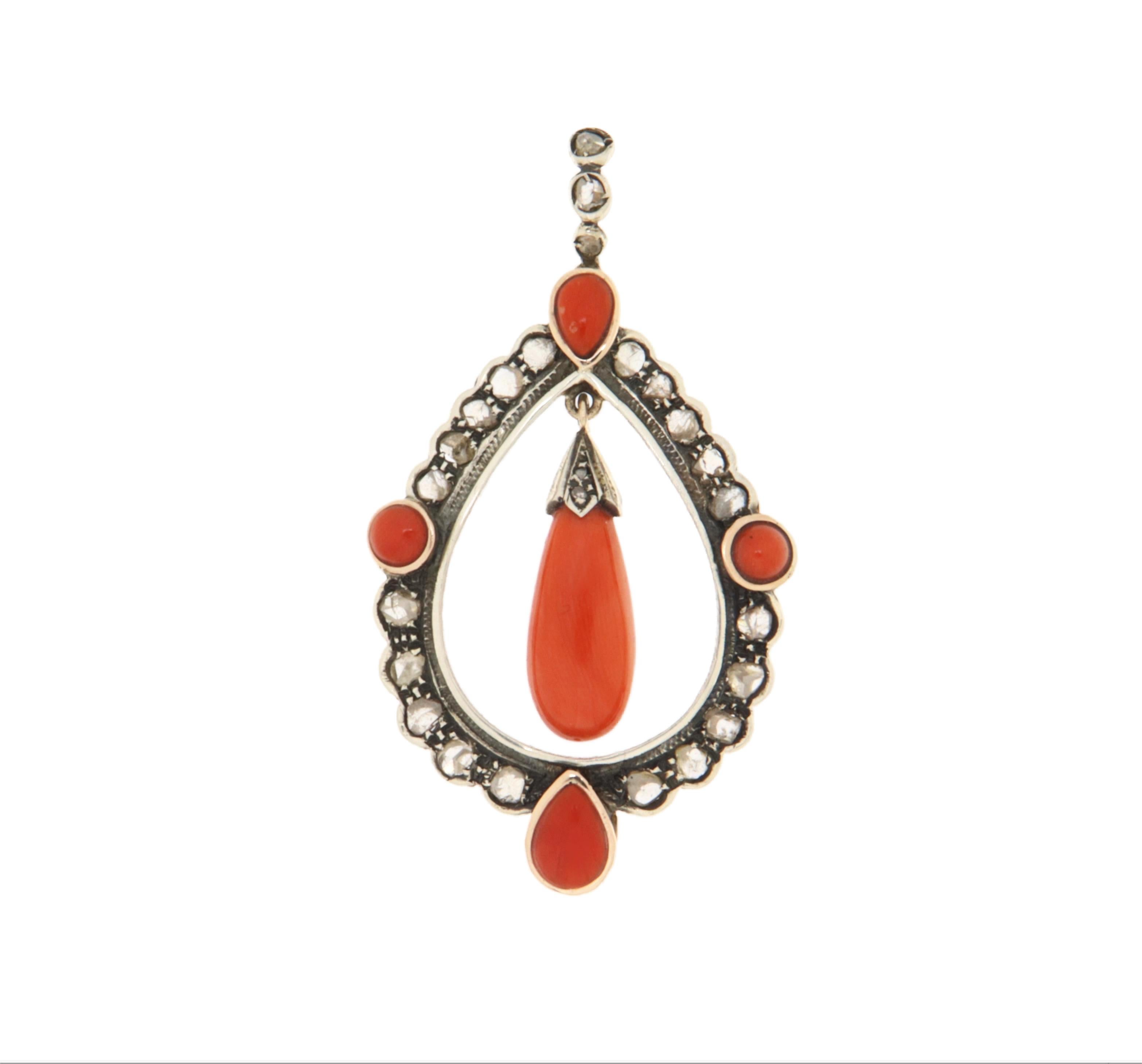 Women's Coral Rose Cut Diamonds 14 Karat Yellow Gold Pendant Necklace For Sale