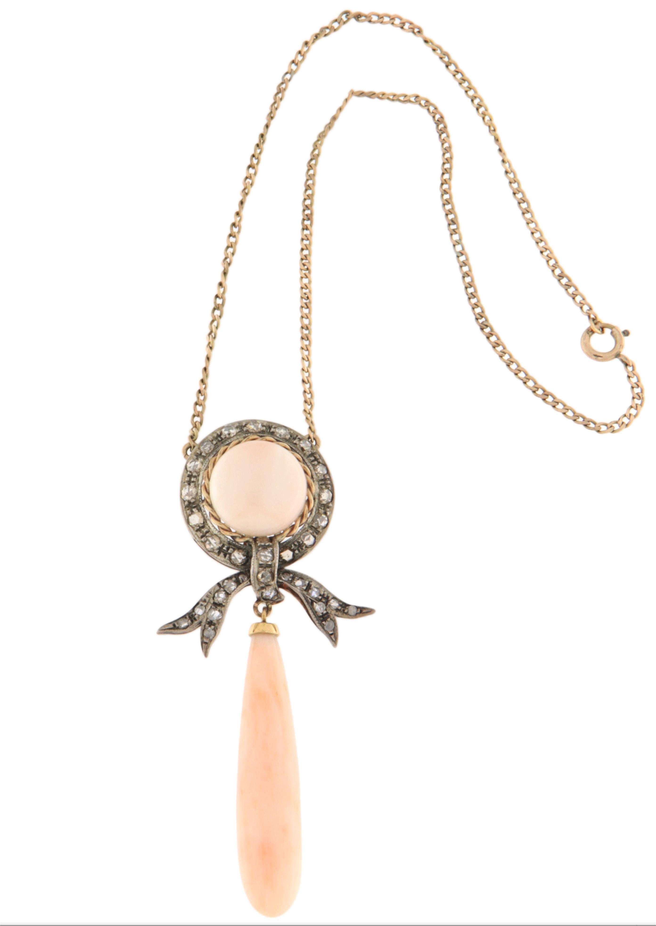 Collier pendentif en or jaune 14 carats avec corail et diamants taillés en rose Neuf - En vente à Marcianise, IT