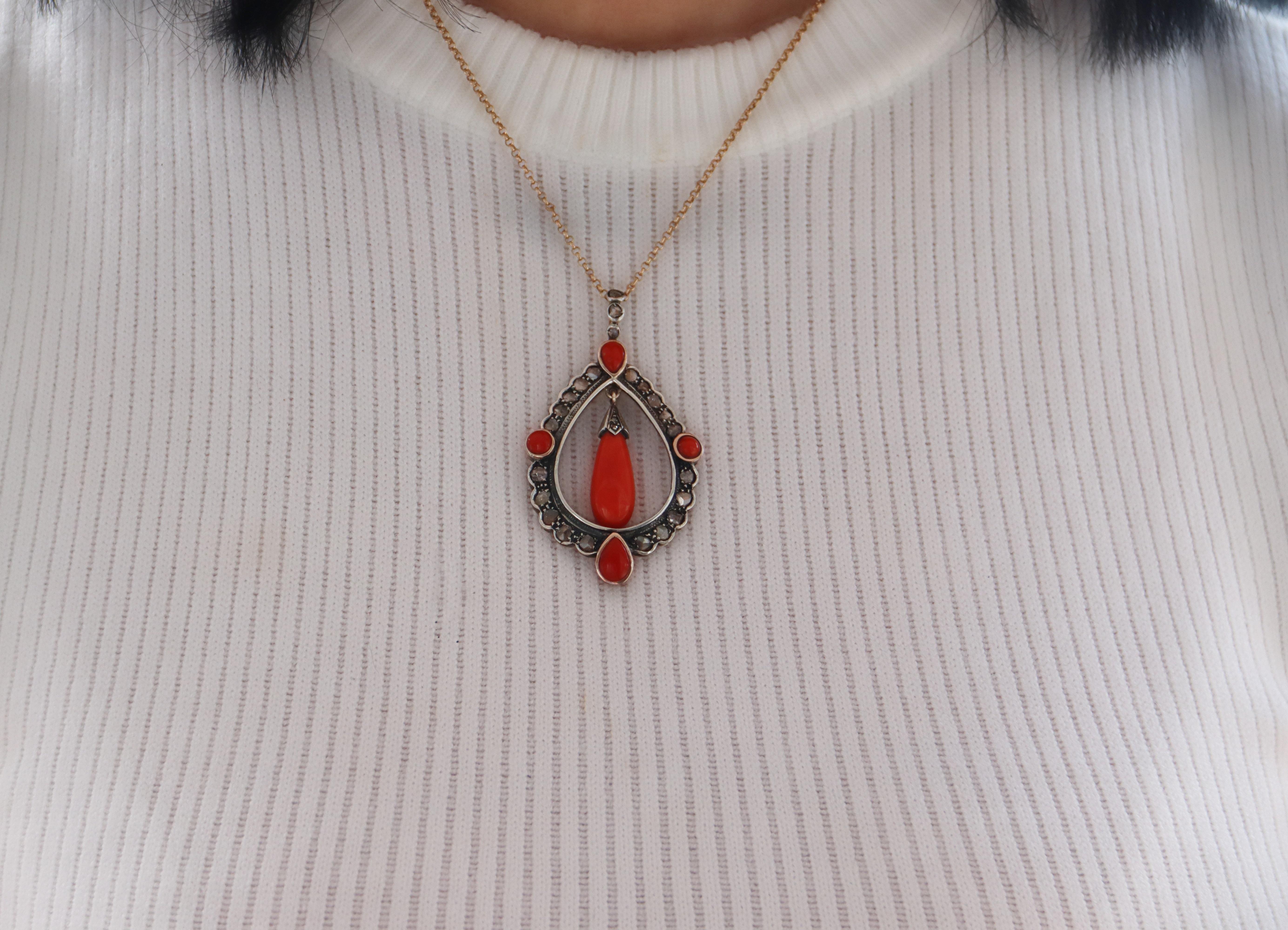 Coral Rose Cut Diamonds 14 Karat Yellow Gold Pendant Necklace For Sale 2