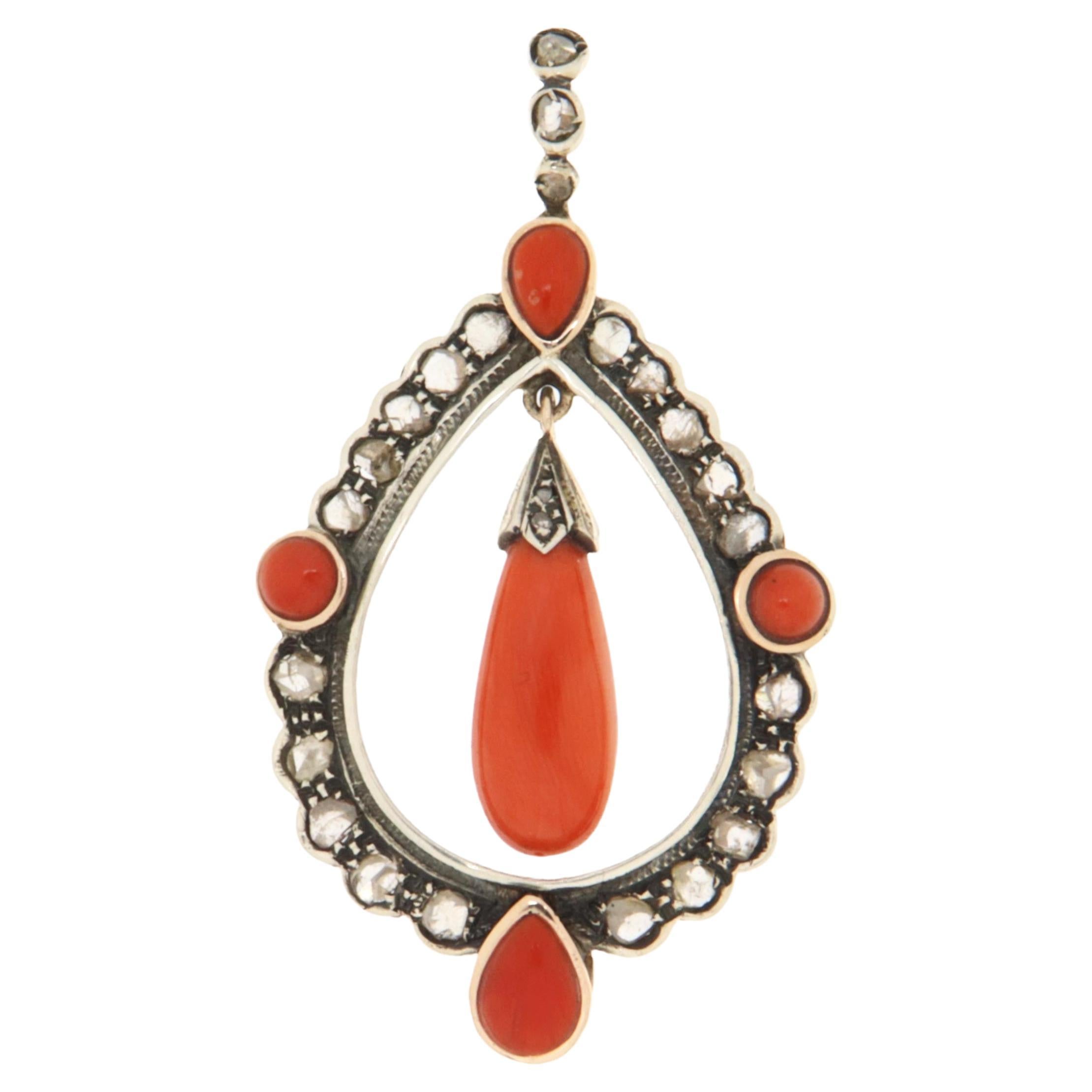 Coral Rose Cut Diamonds 14 Karat Yellow Gold Pendant Necklace For Sale
