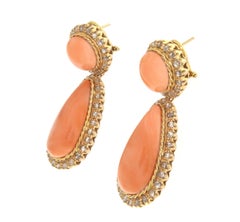 Coral Rose Cut Diamonds Yellow Gold 9 Karat Drop Earrings