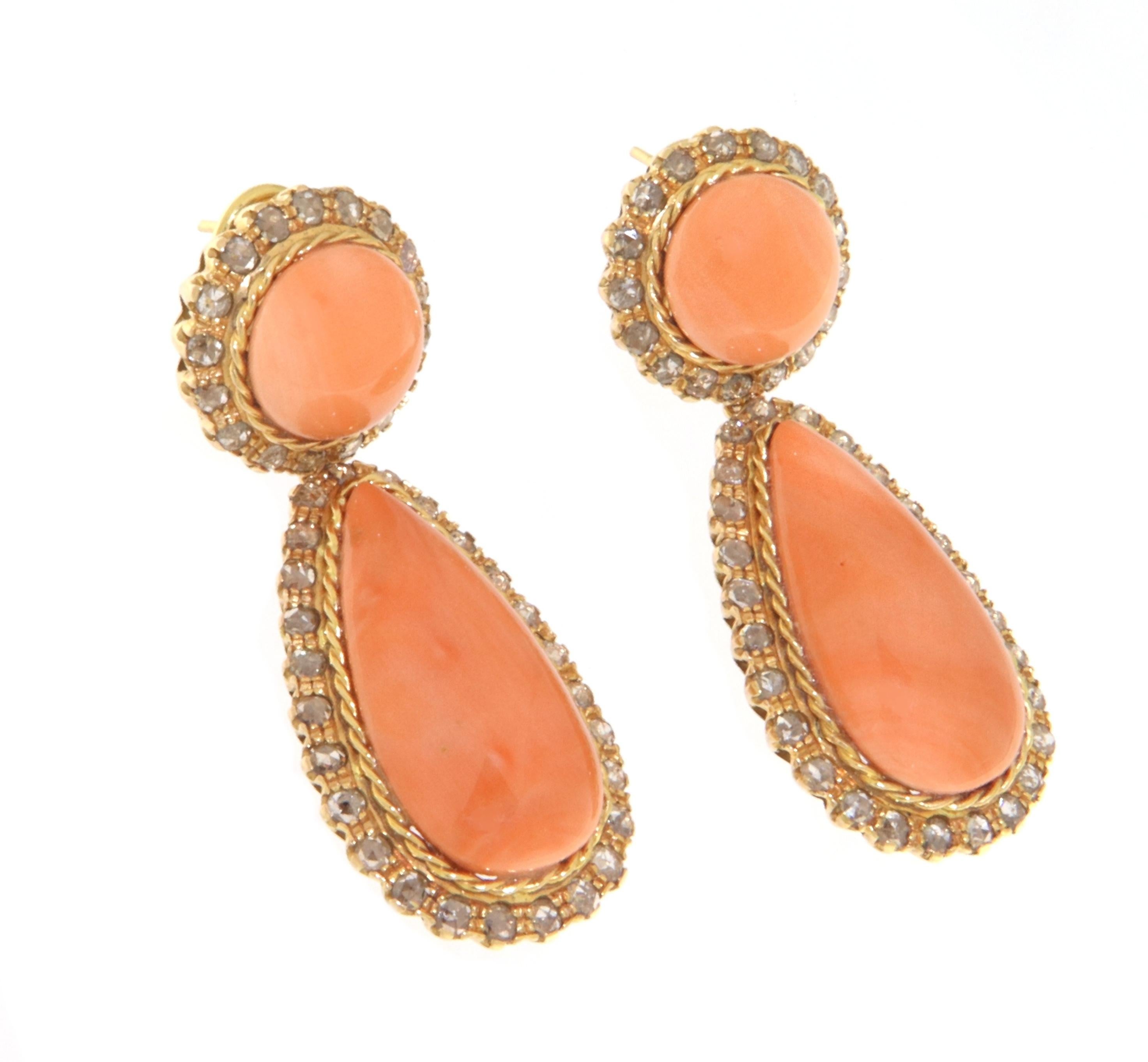Retro Coral Rose Cut Diamonds Yellow Gold 9 Karat Drop Earrings
