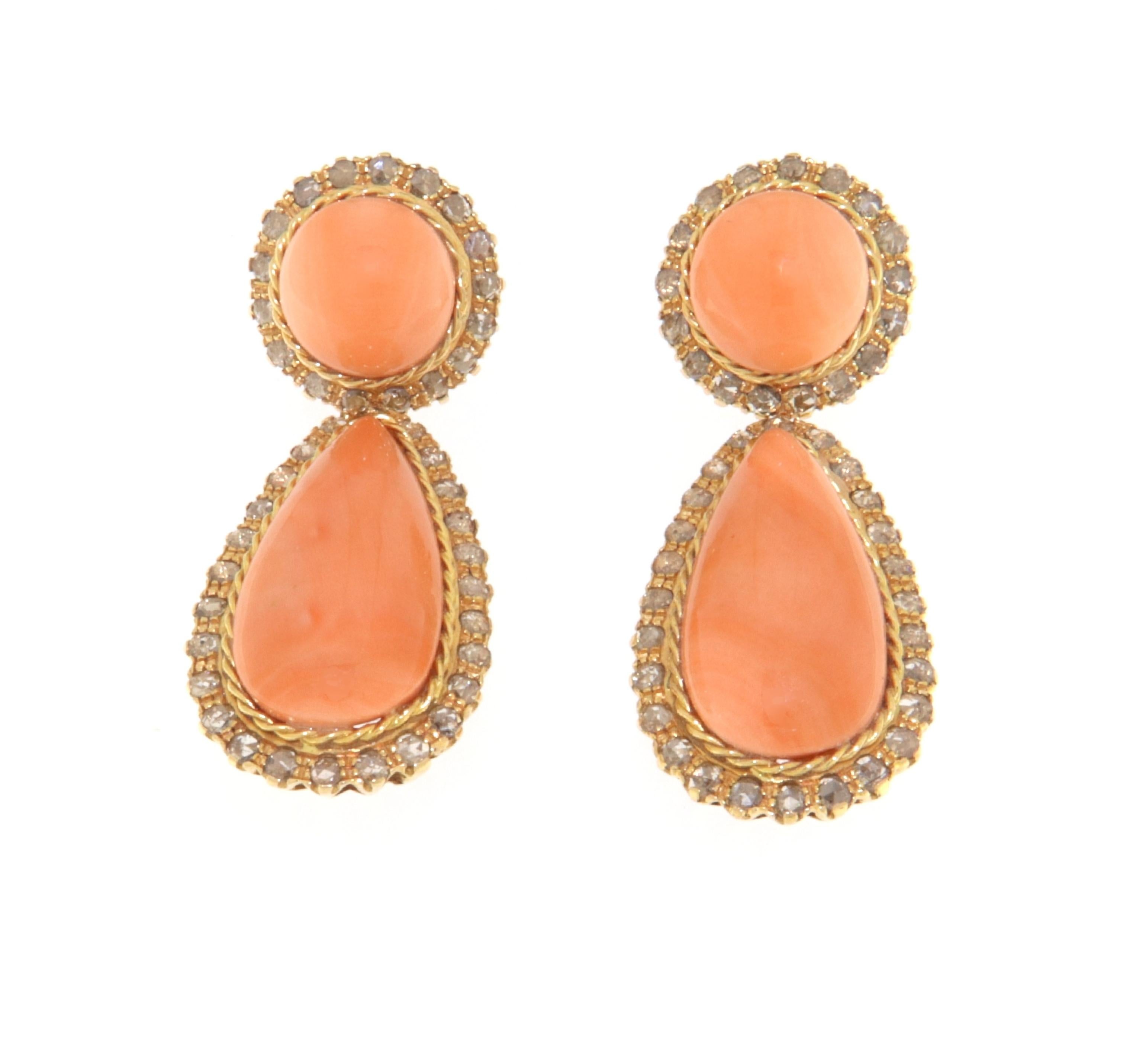 Coral Rose Cut Diamonds Yellow Gold 9 Karat Drop Earrings 1