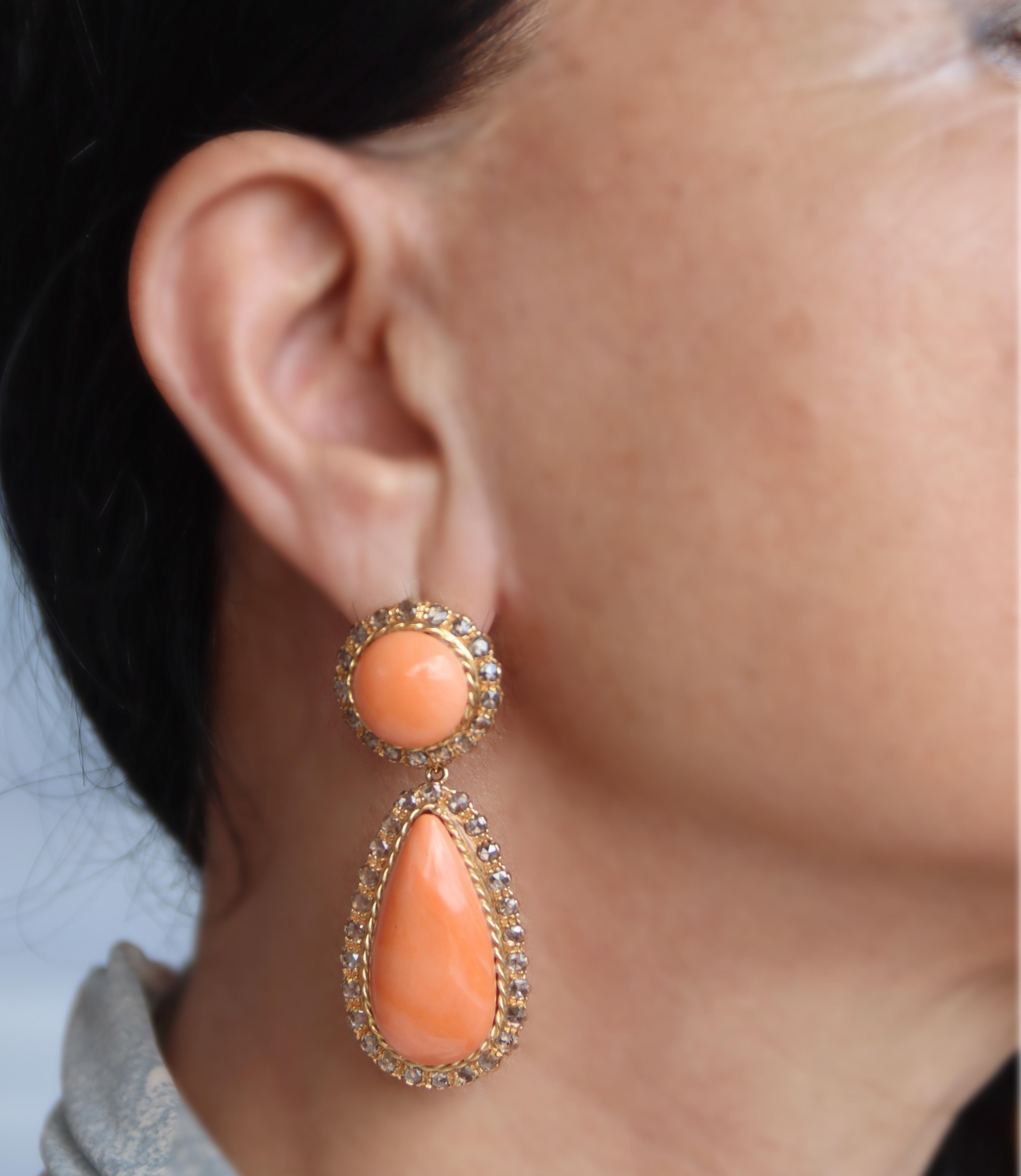 Coral Rose Cut Diamonds Yellow Gold 9 Karat Drop Earrings 2