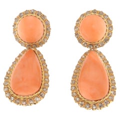 Coral Rose Cut Diamonds Yellow Gold 9 Karat Drop Earrings