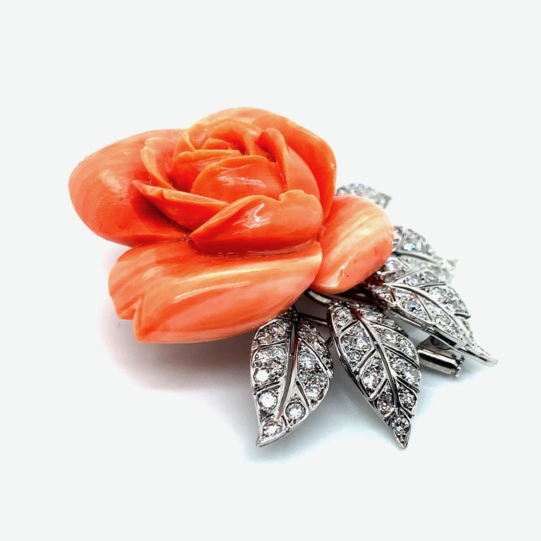 Coral Rose Diamond Brooch For Sale at 1stDibs