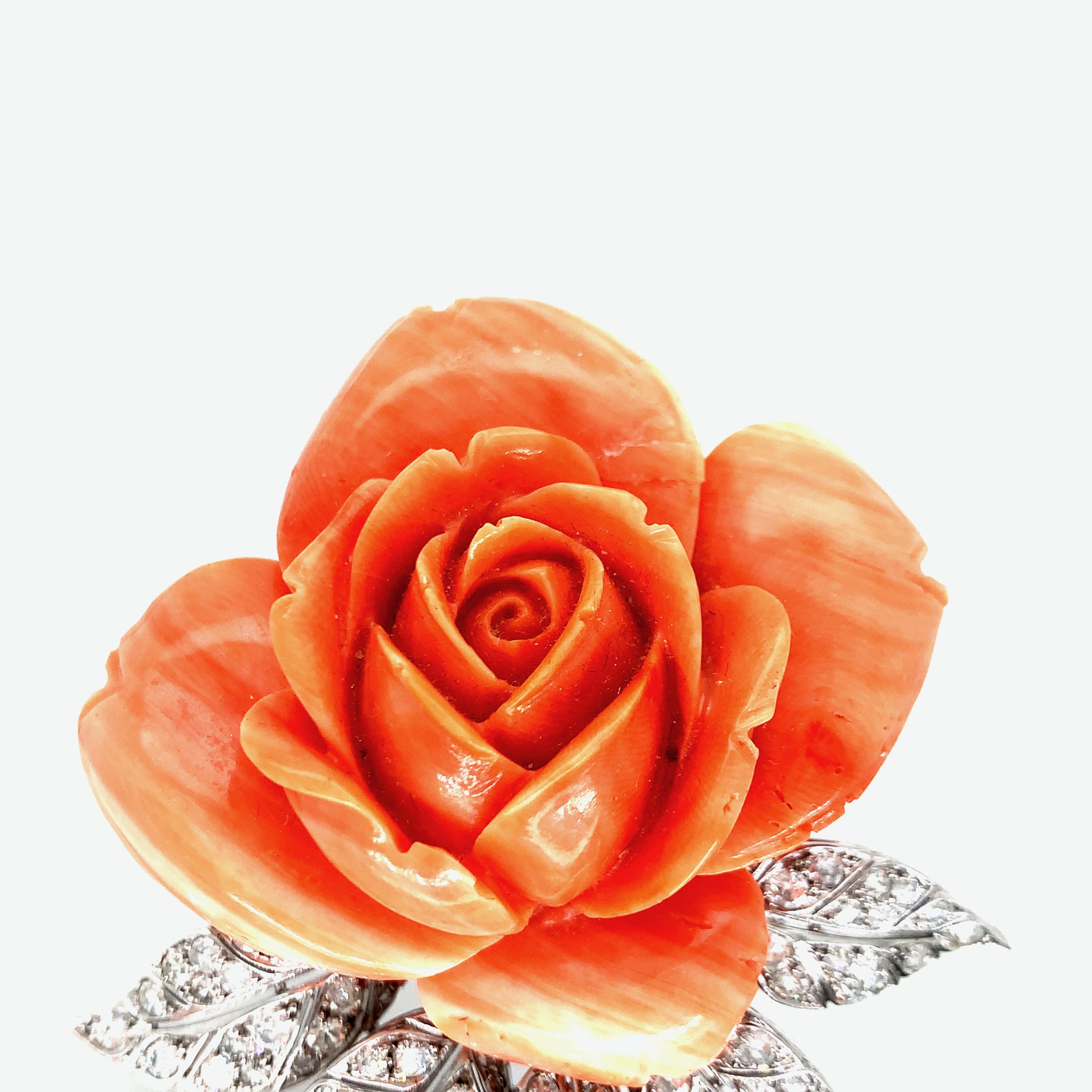 Round Cut Coral Rose Diamond Brooch For Sale