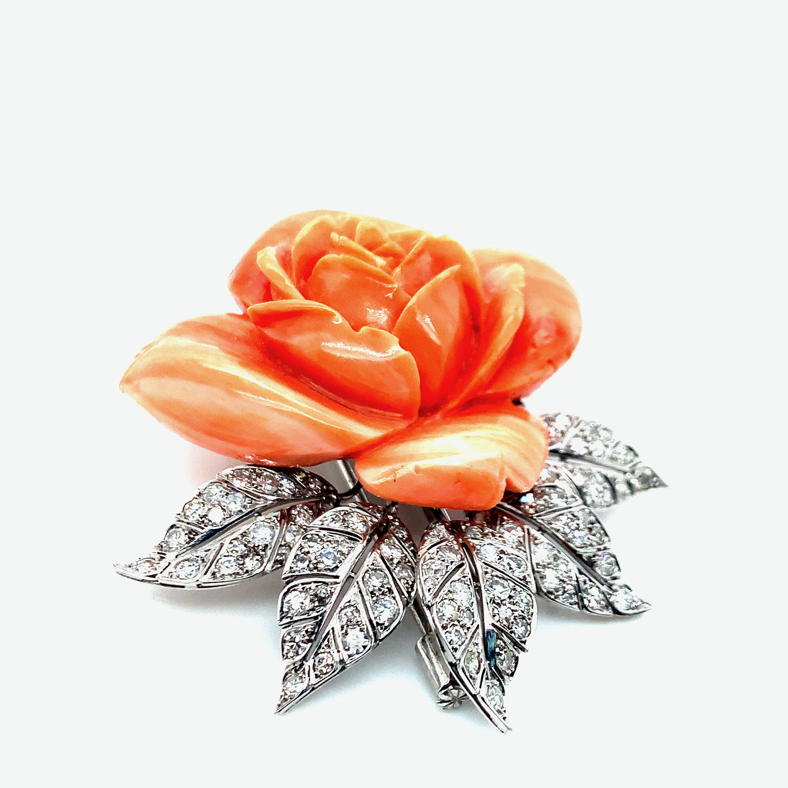Coral Rose Diamond Brooch In Good Condition For Sale In New York, NY