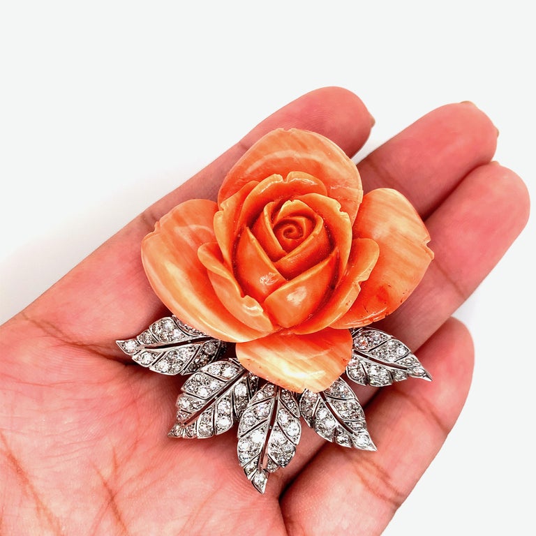 Coral Rose Diamond Brooch For Sale at 1stDibs