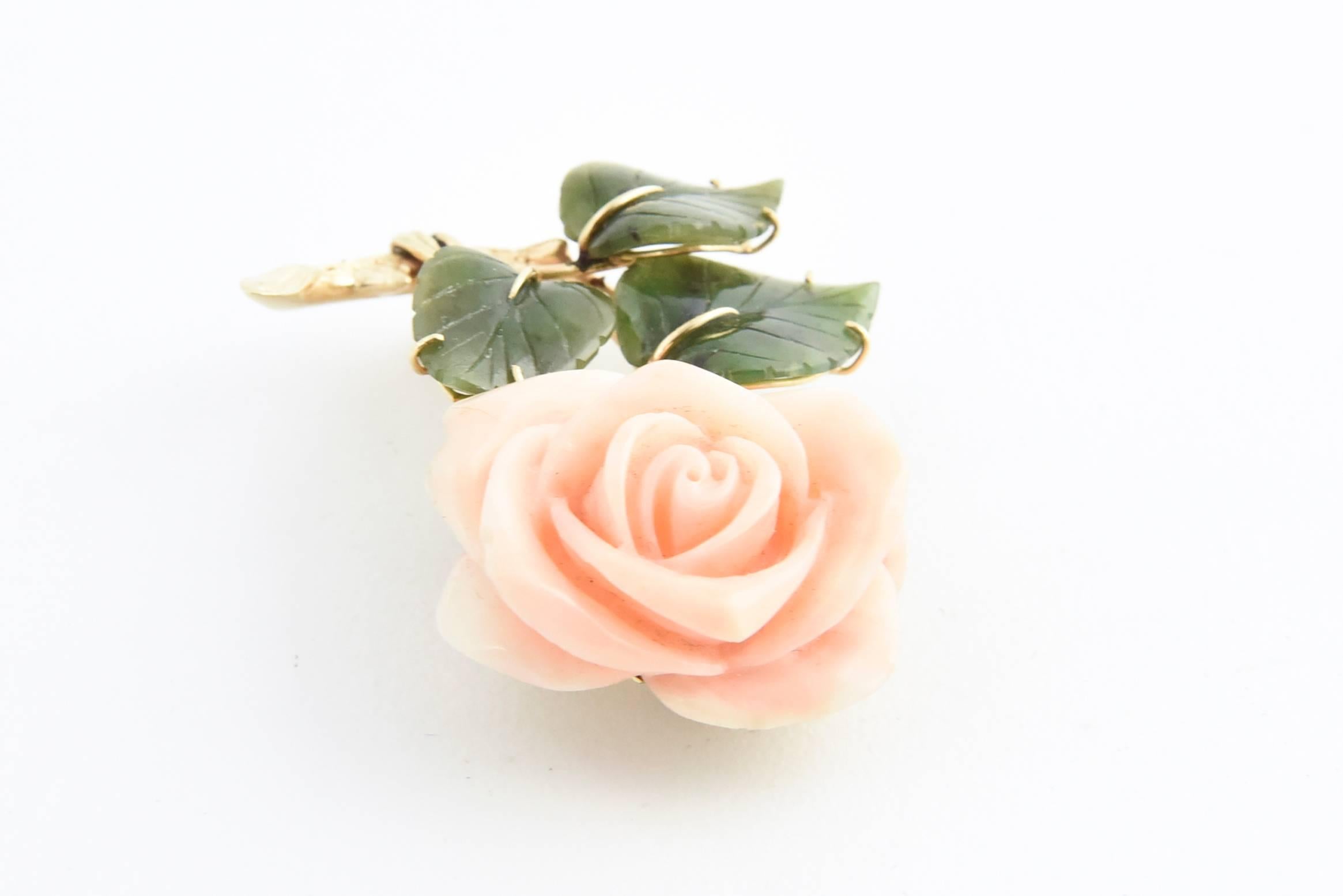 Rose Cut Coral Rose Flower Gold Brooch with Jade Leaves