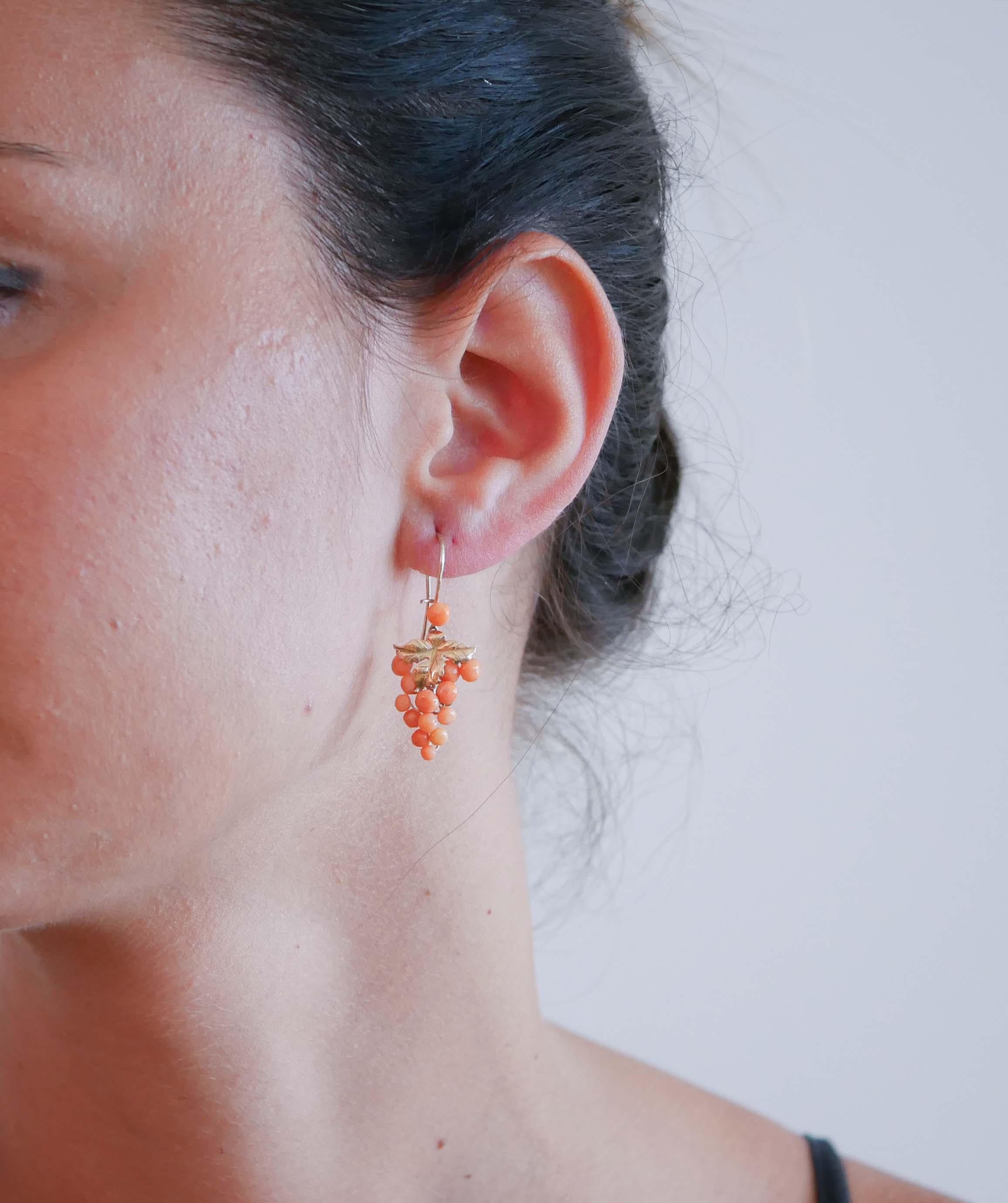 Round Cut Coral, Rose Gold Dangle Earrings. For Sale