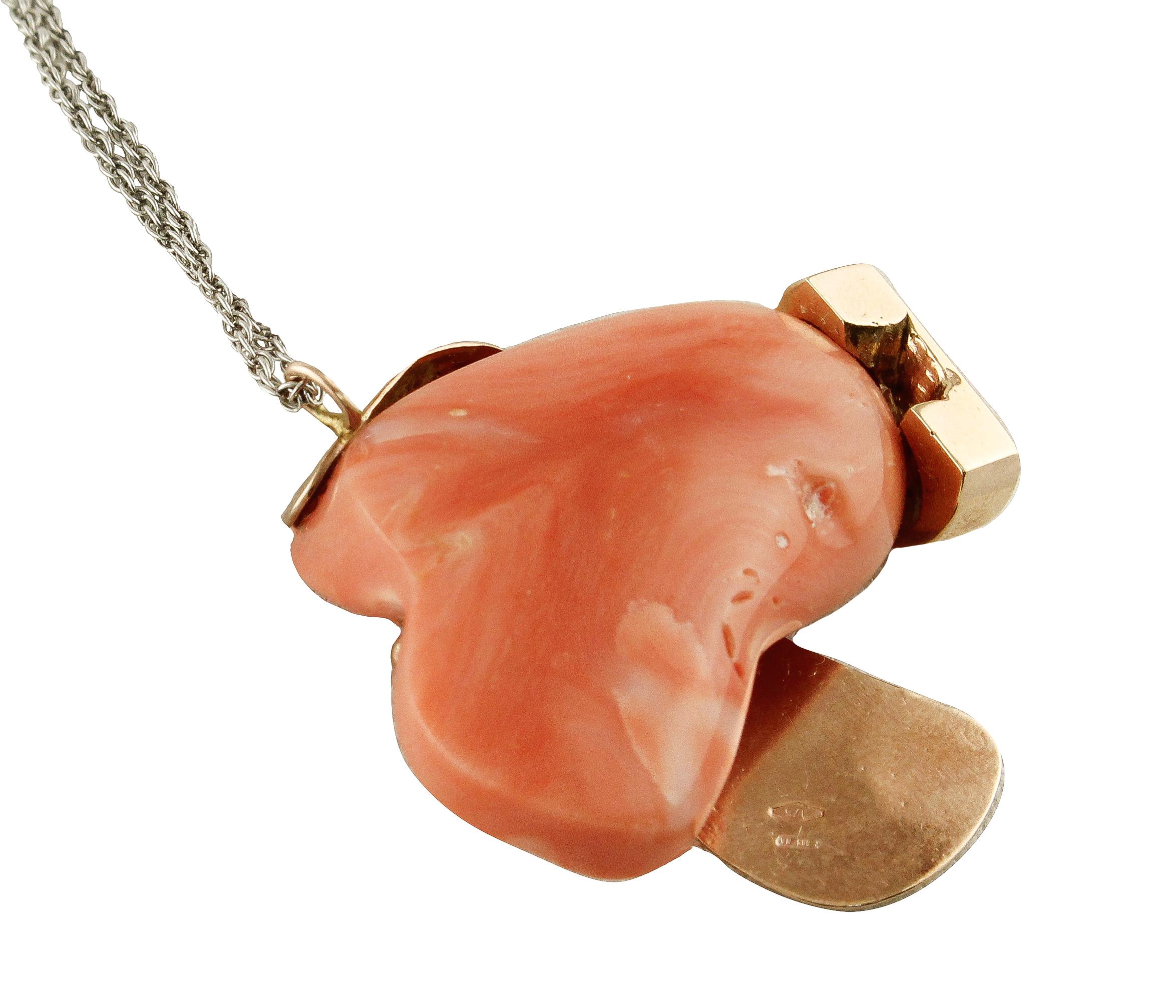 Retro Orange/Red Coral, Rose Gold Dog Shape Pendant Necklace For Sale