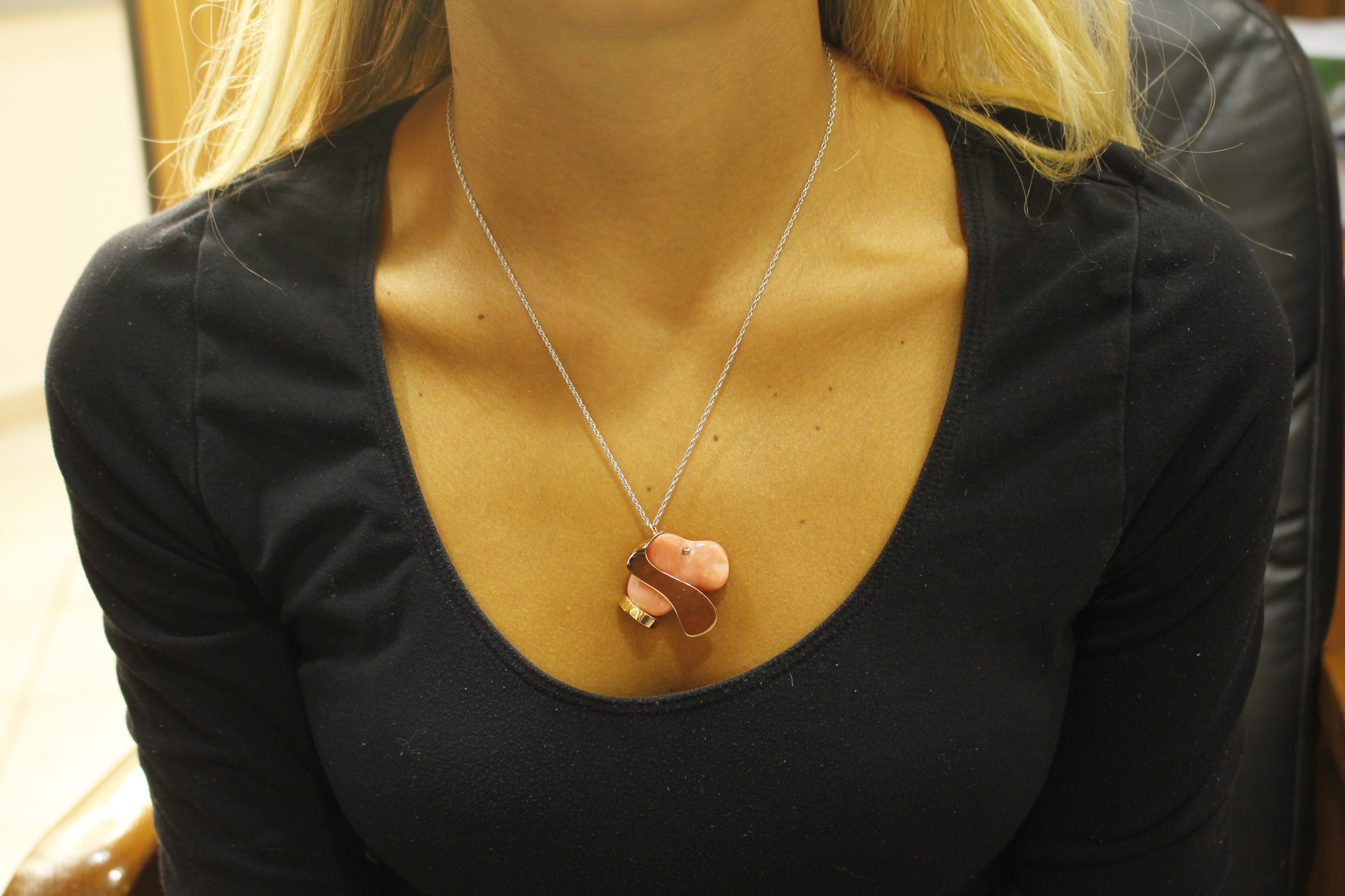 Round Cut Orange/Red Coral, Rose Gold Dog Shape Pendant Necklace For Sale