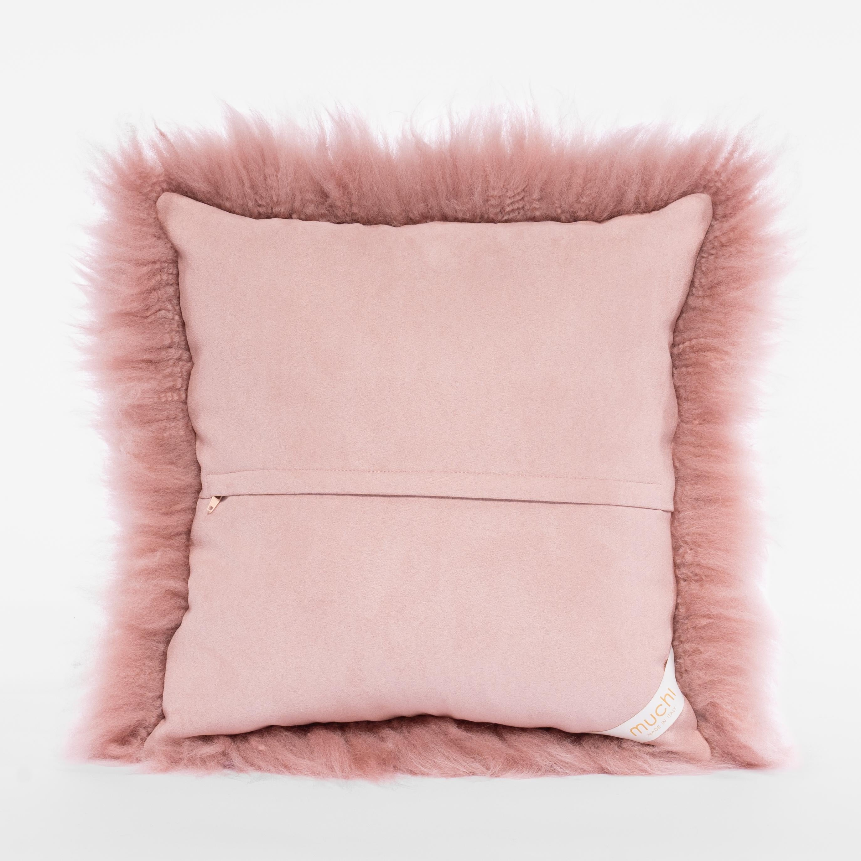 Modern Shearling Sheepskin Flamingo Pink Cushion by Muchi Decor, Made in Italy For Sale