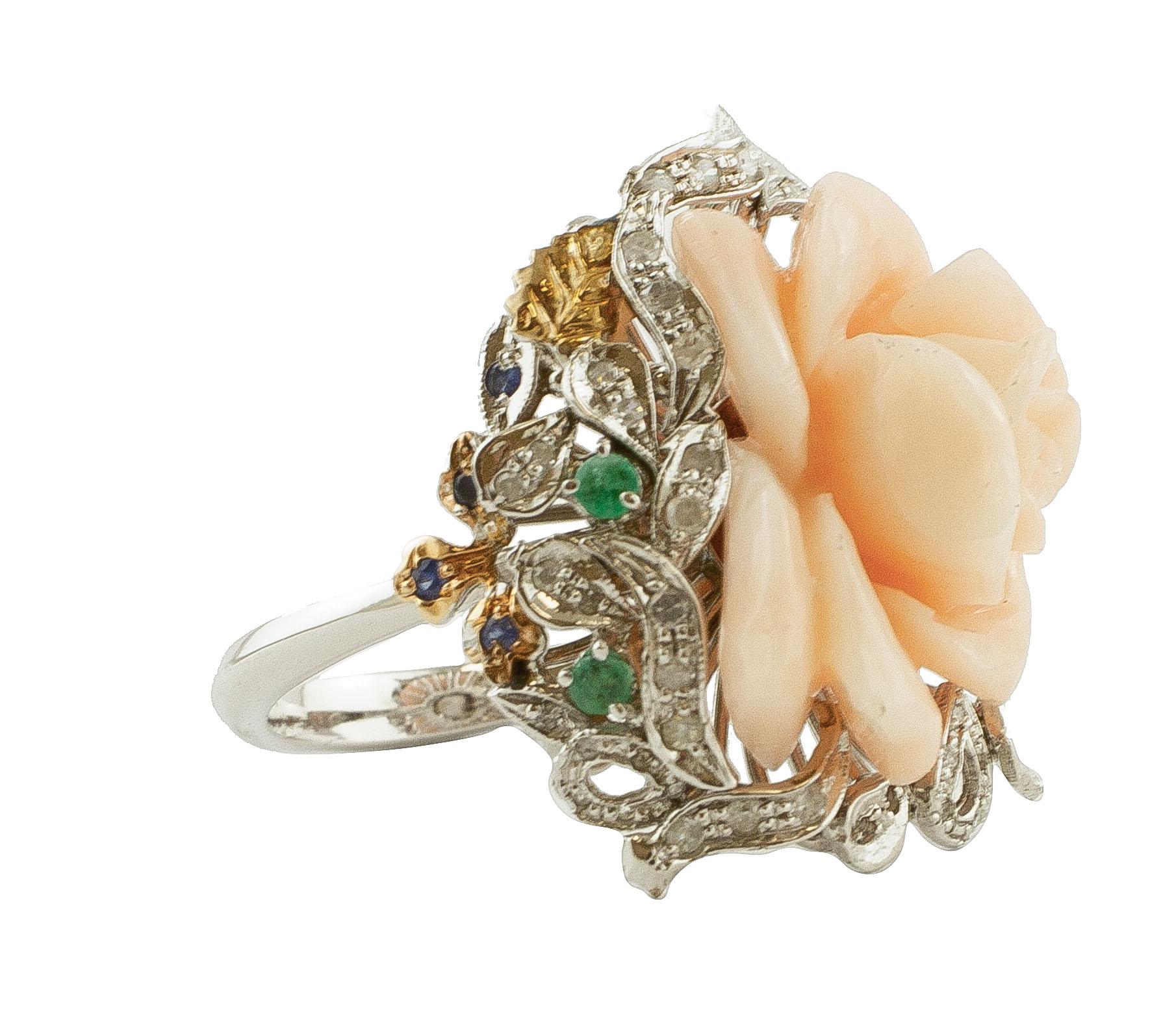 SHIPPING POLICY:
No additional costs will be added to this order.
Shipping costs will be totally covered by the seller (customs duties included).

Cocktail ring in 14k white gold structure, mounted with a finely carved pink coral rose in the centre,
