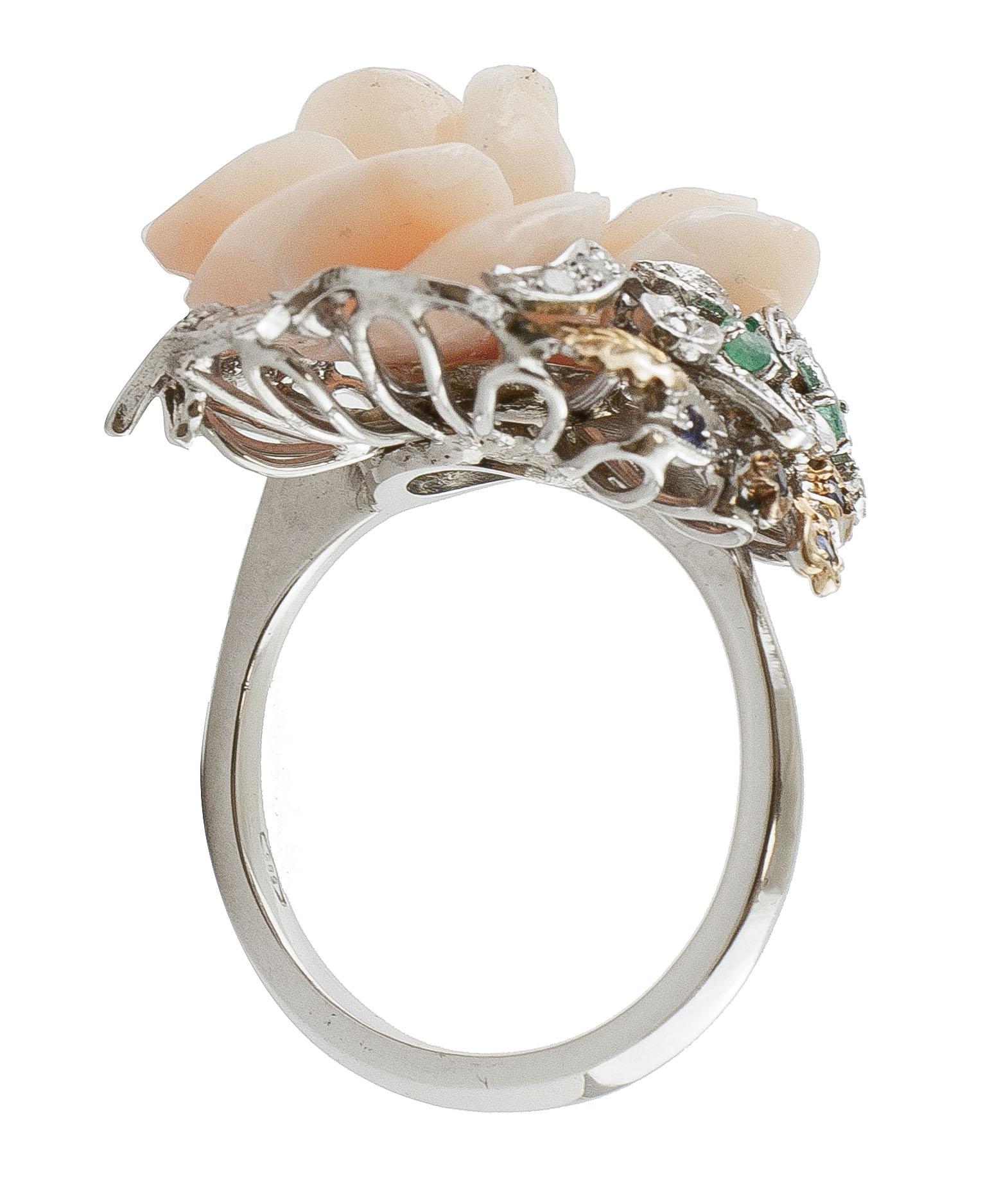Mixed Cut Coral Rose, Sapphires, Emeralds, Diamonds, 14 Karat White Gold Retro Ring