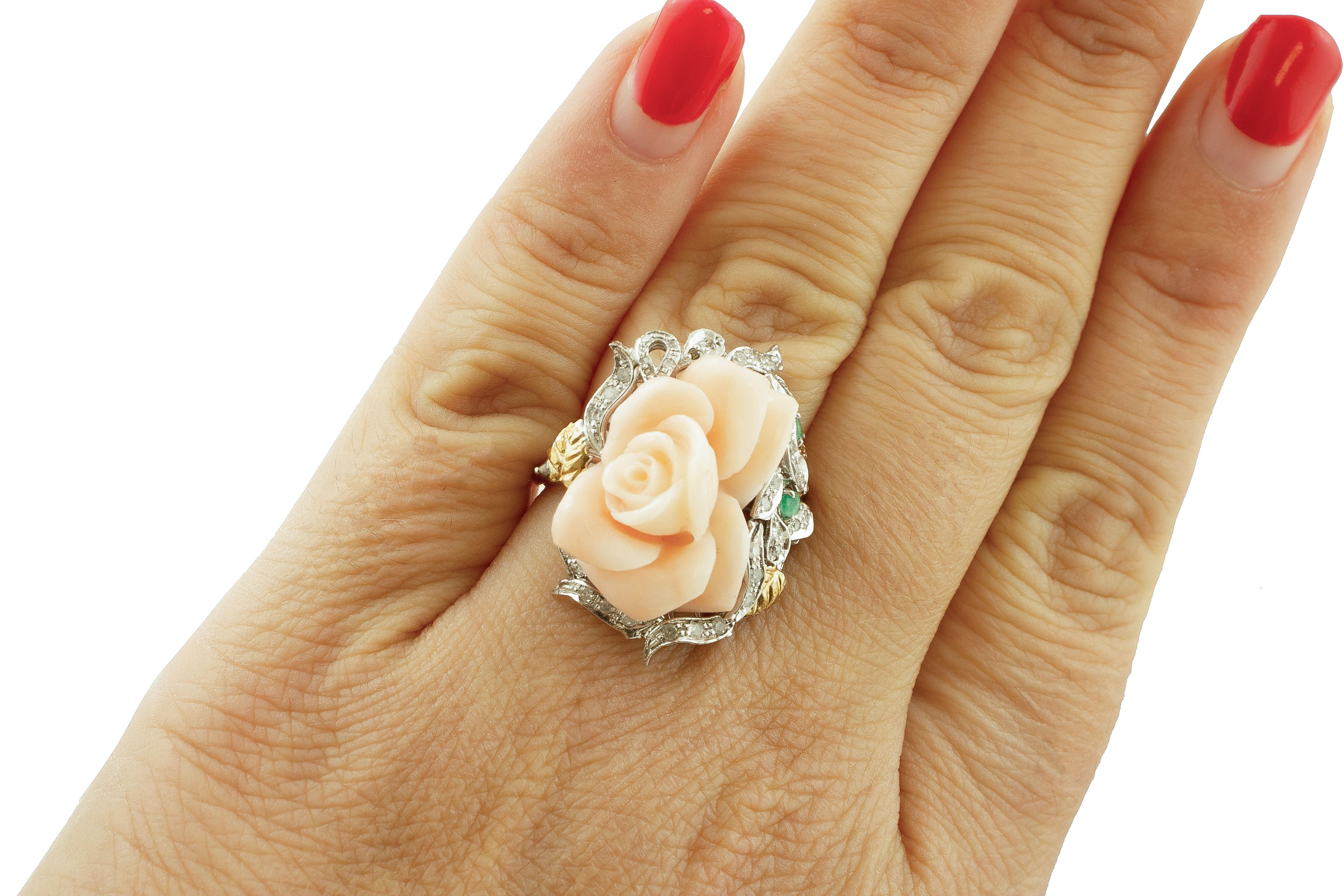 Women's Coral Rose, Sapphires, Emeralds, Diamonds, 14 Karat White Gold Retro Ring